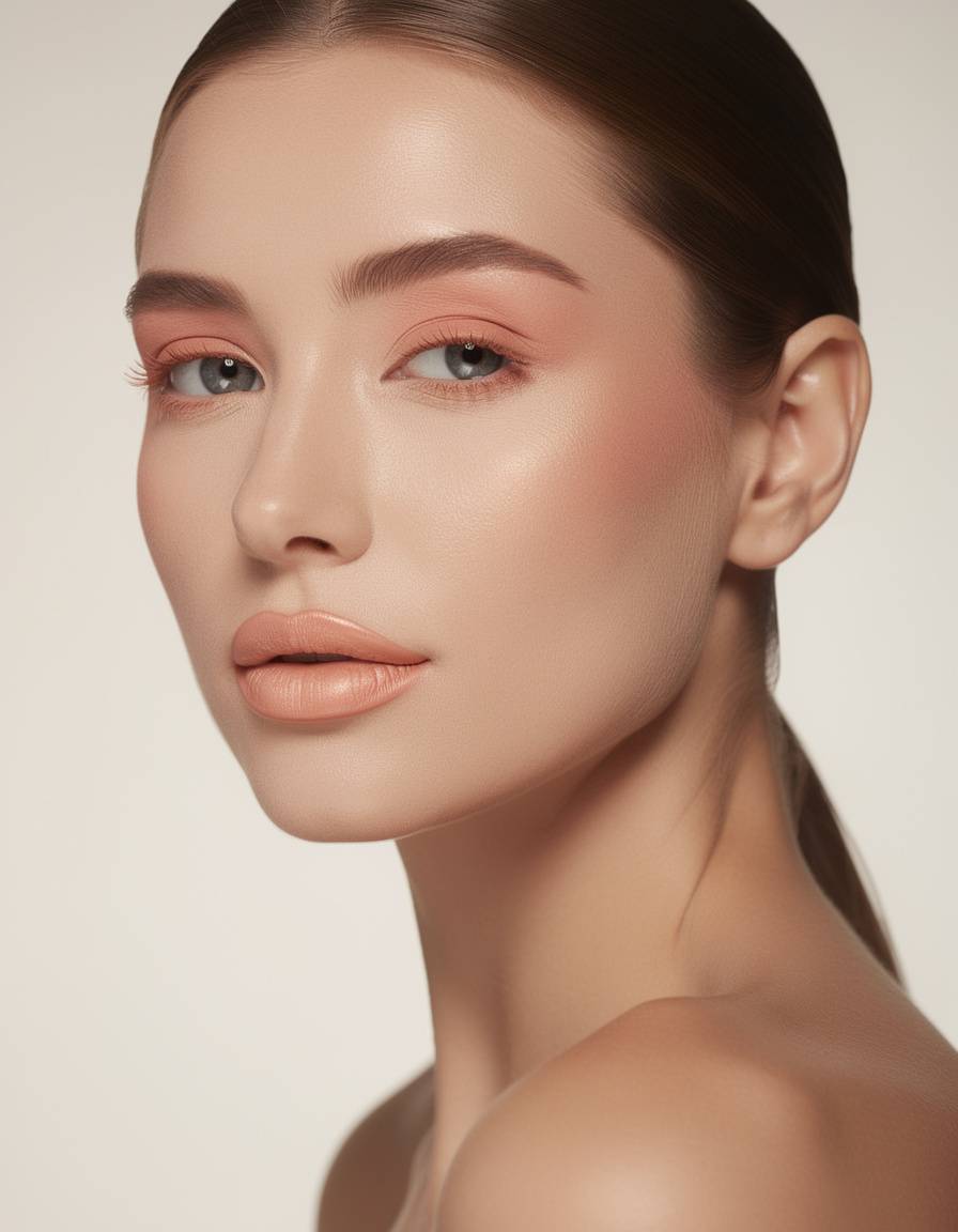 Editorial beauty portrait of an adult woman with a modern monochrome peach makeup look across eyes, cheeks, and lips, clean backdrop, high-end magazine lighting