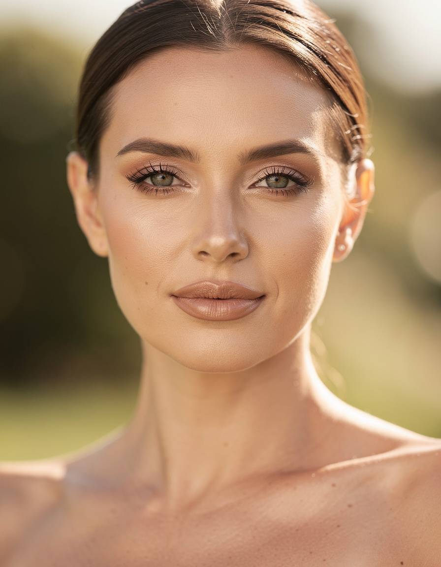 Daylight beauty portrait of an adult woman wearing luminous natural makeup with softly defined lashes and a warm neutral lip, realistic pores, gentle outdoor light