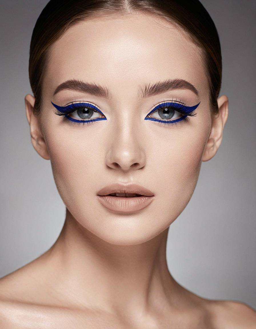 Creative beauty portrait of an adult woman with tasteful graphic eyeliner and a controlled pop of cobalt color, minimal styling, crisp professional studio photography