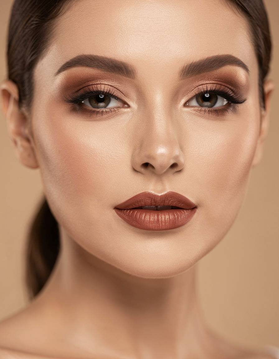 Special-occasion beauty portrait of an adult woman with softly blended bronze eyes, subtle highlight, and a classic rose lip, flattering warm light, realistic finish