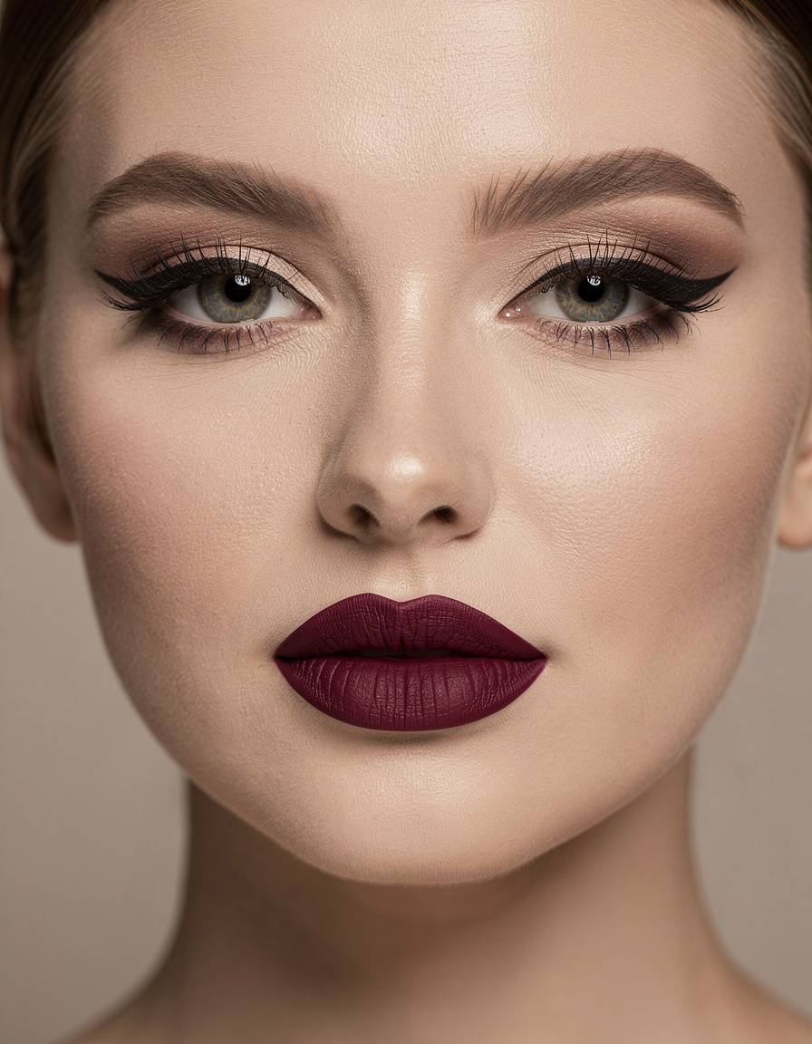 Close beauty portrait of an adult woman wearing an elegant evening makeup look with a defined liner and deep berry lip, balanced studio lighting, realistic skin detail