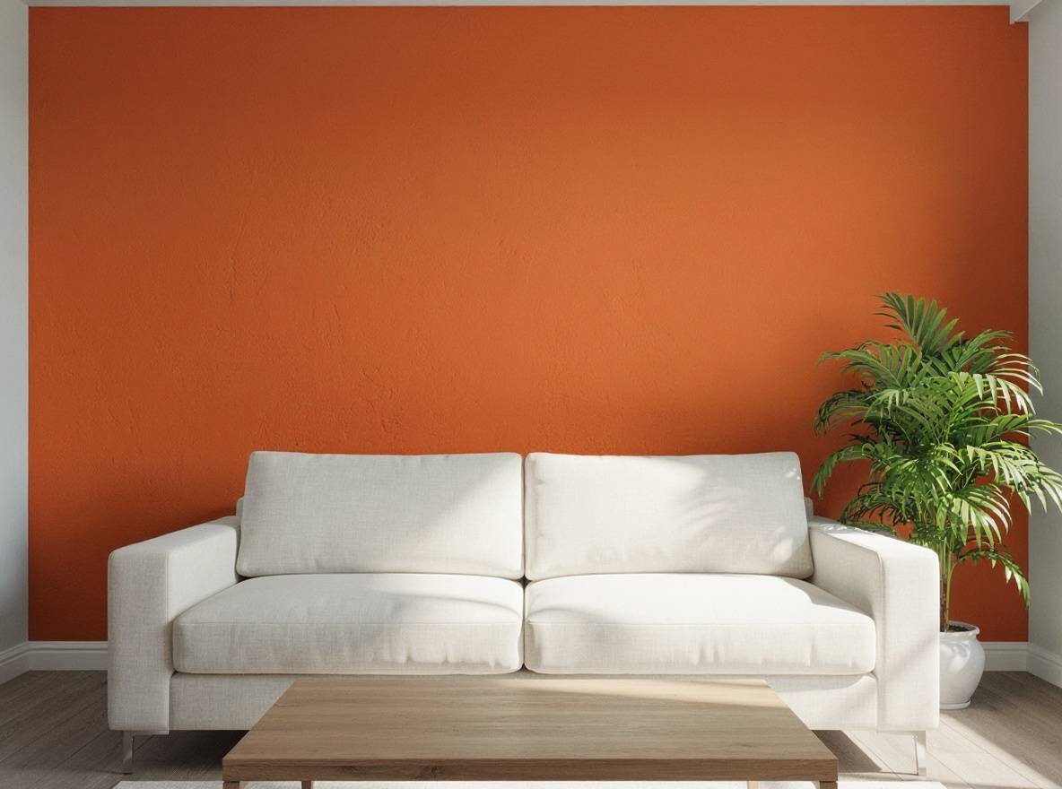 Change only the painted feature wall color from cool gray to soft terracotta. Preserve the exact wall boundaries, surface texture, cream sofa, wooden coffee table, green plant, decor, camera angle, framing, natural daylight, reflections, and shadows. Do not change furniture or add or remove anything. No text.