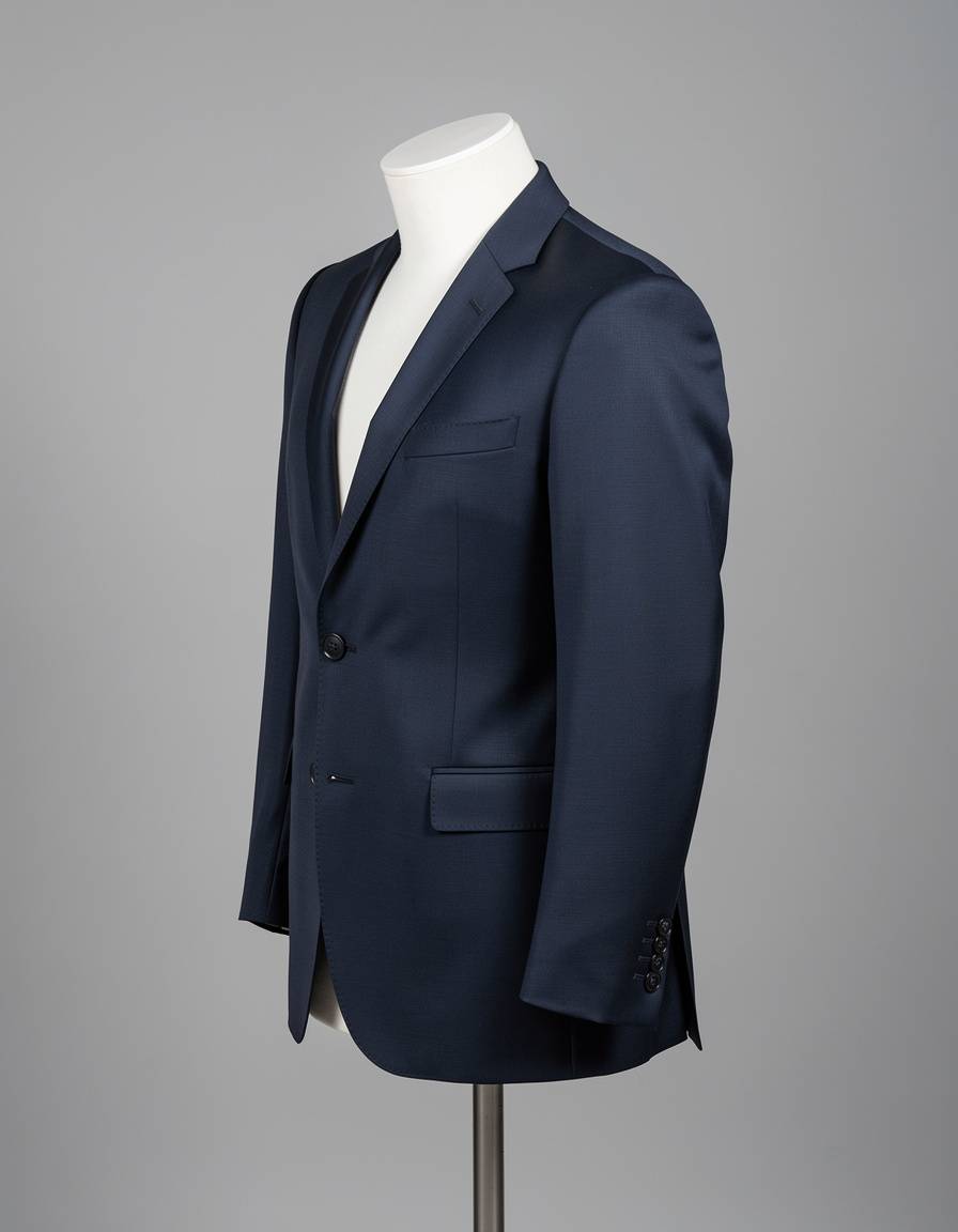 Clean studio fashion product photograph of a single tailored navy blue jacket on a matte torso mannequin, front three-quarter view, crisp lapels, visible fabric weave, natural folds and buttons, controlled neutral lighting, plain gray background, no person, no text, no split screen