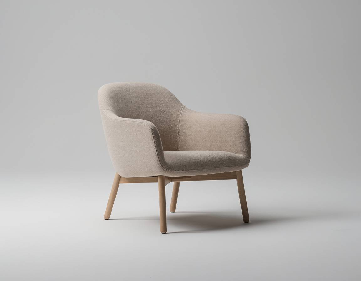 Clean commercial product photograph of a single minimalist armchair upholstered in muted beige fabric, three-quarter front view in a simple neutral studio, realistic textile weave, soft controlled lighting, natural shadows, centered composition, no text, no split screen, no comparison panel