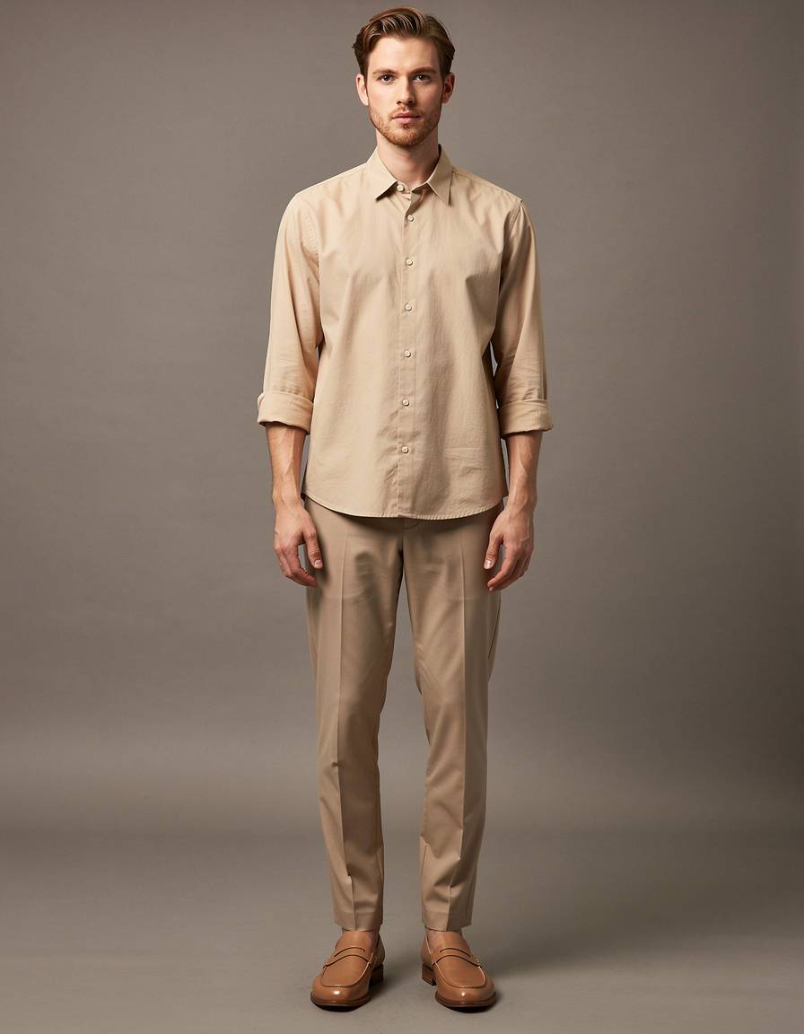 Vertical clean e-commerce fashion photograph of one adult male model, camera far enough away to include his entire head, face, hair, hands, legs, and both loafers fully inside the frame with comfortable margin above the hair and below the shoes. He wears a monochrome sand overshirt, relaxed tailored trousers, and minimal leather loafers against a seamless warm-gray studio backdrop. Neutral front-facing catalog pose, direct natural gaze, both hands relaxed and completely visible with anatomically correct fingers, accurate garment construction and body proportions, even soft studio lighting. No logos, no lettering, no symbols, no text, and no watermark. Do not crop any part of the head, face, hands, legs, or shoes.