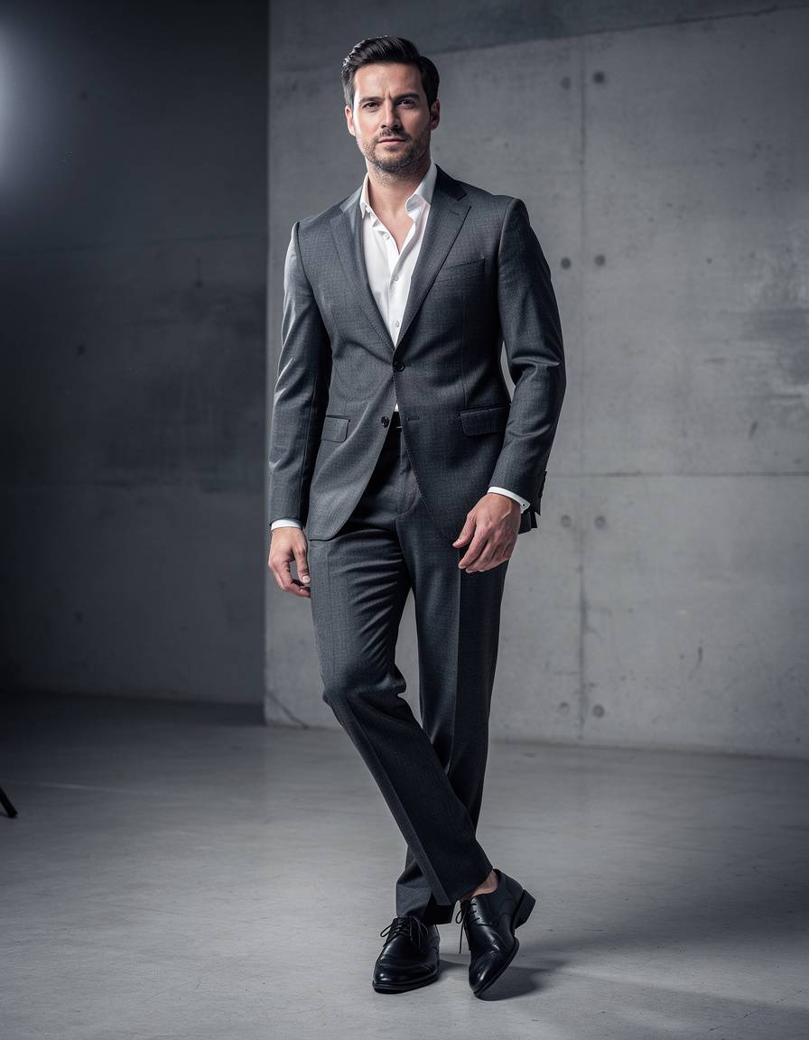 Full-body editorial fashion photograph of an adult male model in a charcoal tailored suit and open-collar white shirt, standing in a minimalist concrete studio, confident natural posture, realistic hands and anatomy, soft directional light, premium magazine finish, no logos, no text