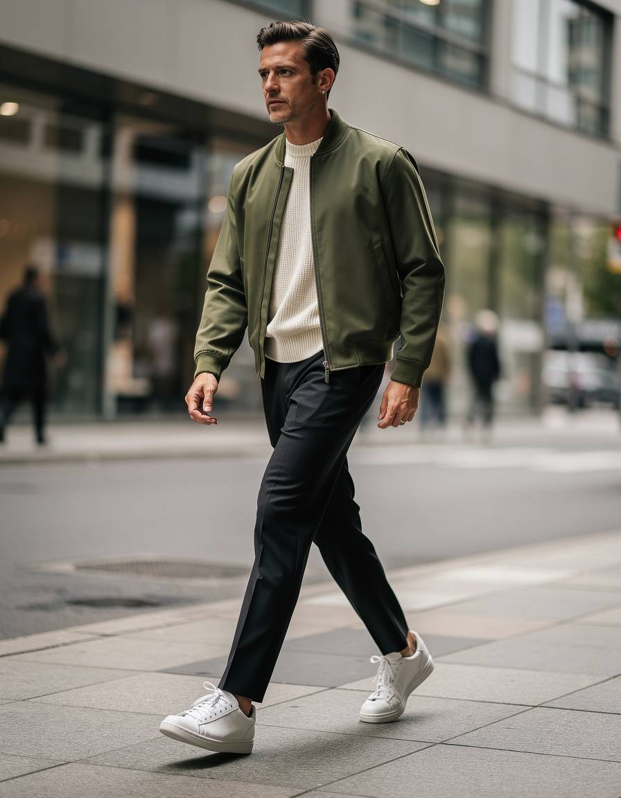 Street-style fashion photograph of an adult male model wearing a refined olive bomber jacket, cream knit shirt, tapered black trousers, and clean leather sneakers on a modern city sidewalk, candid walking pose, realistic anatomy, overcast daylight, subtle background motion, no logos, no text