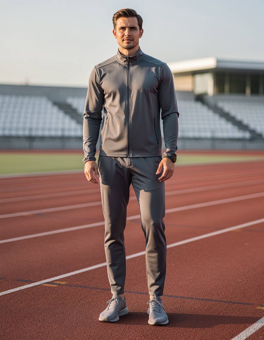 Vertical full-body activewear campaign photograph, camera positioned far enough away to show one adult male model completely from the top of his head through both shoes, with generous clear space above his hair and below his soles, centered beside a contemporary running track. He wears a completely plain unbranded slate-gray performance jacket, matching joggers, and plain running shoes. Natural standing pose, both hands fully visible with five anatomically correct fingers, accurate body proportions, crisp early-morning light, clean stadium background. Every garment must have smooth uninterrupted fabric with absolutely no logo, emblem, icon, lettering, graphic, badge, patch, symbol, or decorative mark. No text and no watermark. Do not crop the head, legs, ankles, or shoes.