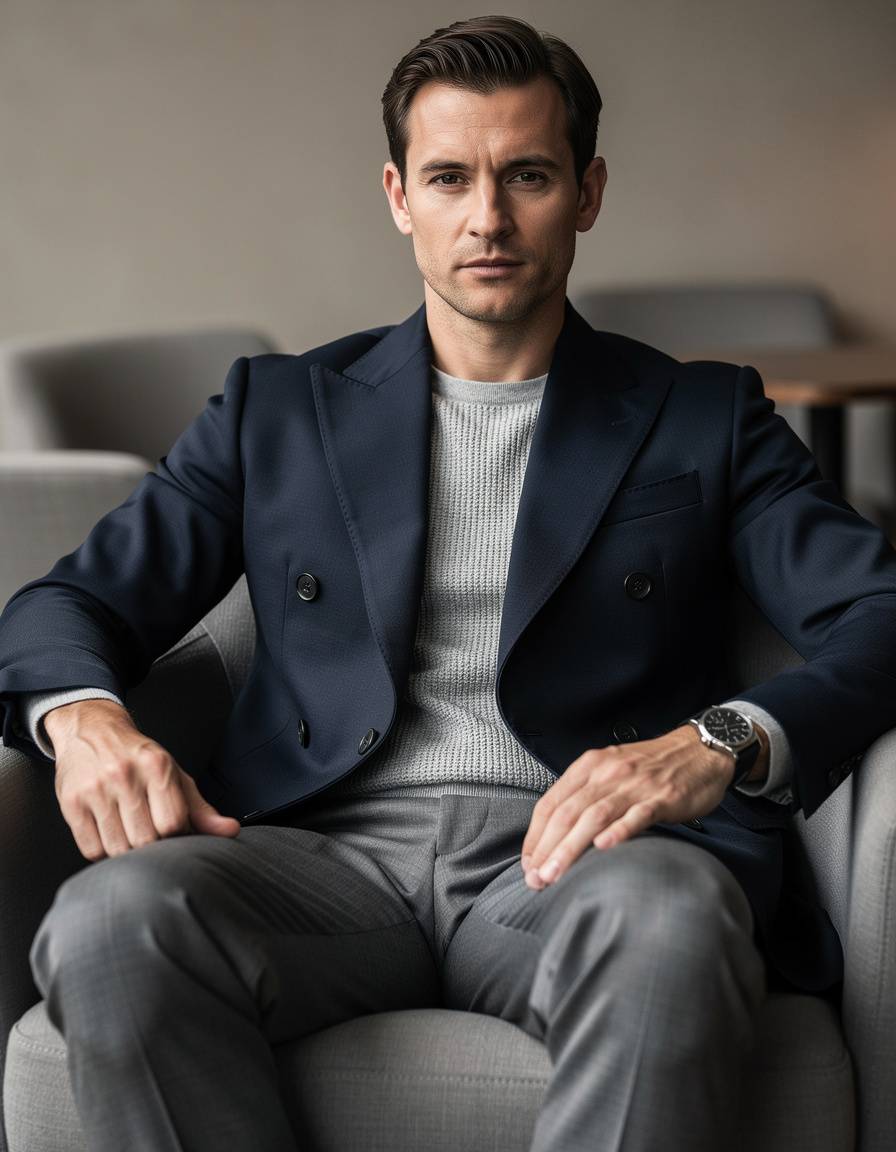 Editorial seated portrait of an adult male model in a deep navy double-breasted blazer, fine-gauge gray knitwear, tailored trousers, and a simple metal wristwatch, understated lounge setting, composed expression, realistic anatomy and materials, cinematic soft light, no logos, no text