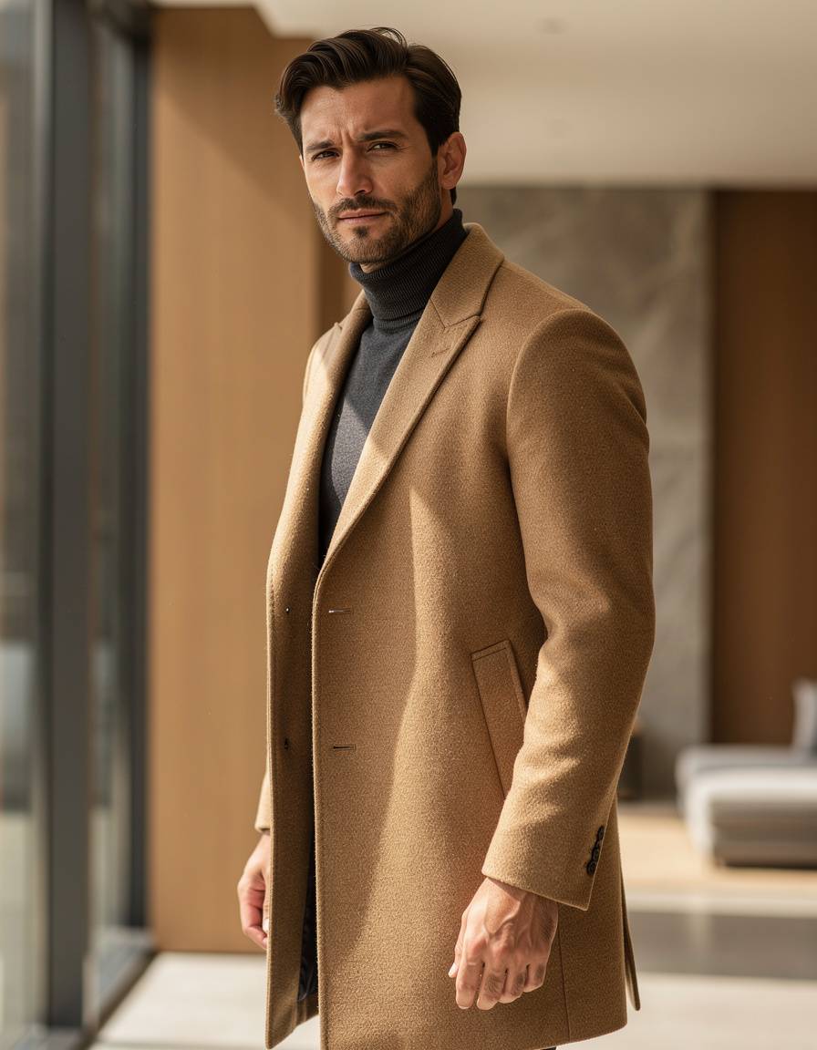 Three-quarter commercial portrait of an adult male model in a textured camel overcoat layered over a dark turtleneck, warm architectural interior, relaxed expression, realistic skin and fabric detail, balanced window light, luxury catalog photography, no logos, no text