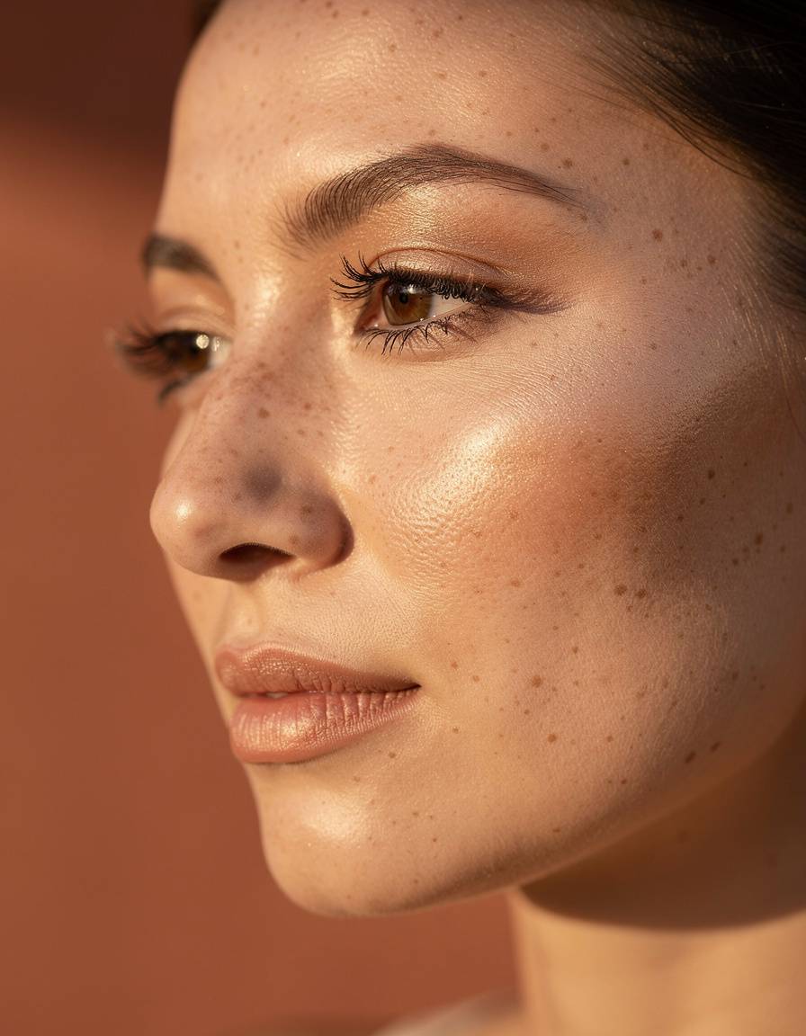 Side-lit close-up portrait of one adult woman with visible freckles, translucent complexion makeup, subtle champagne highlight, understated mascara, and delicate lower lashes; warm late-afternoon light, terracotta backdrop, calm expression, photographic skin detail, no text, logo, watermark, or extra eyes.
