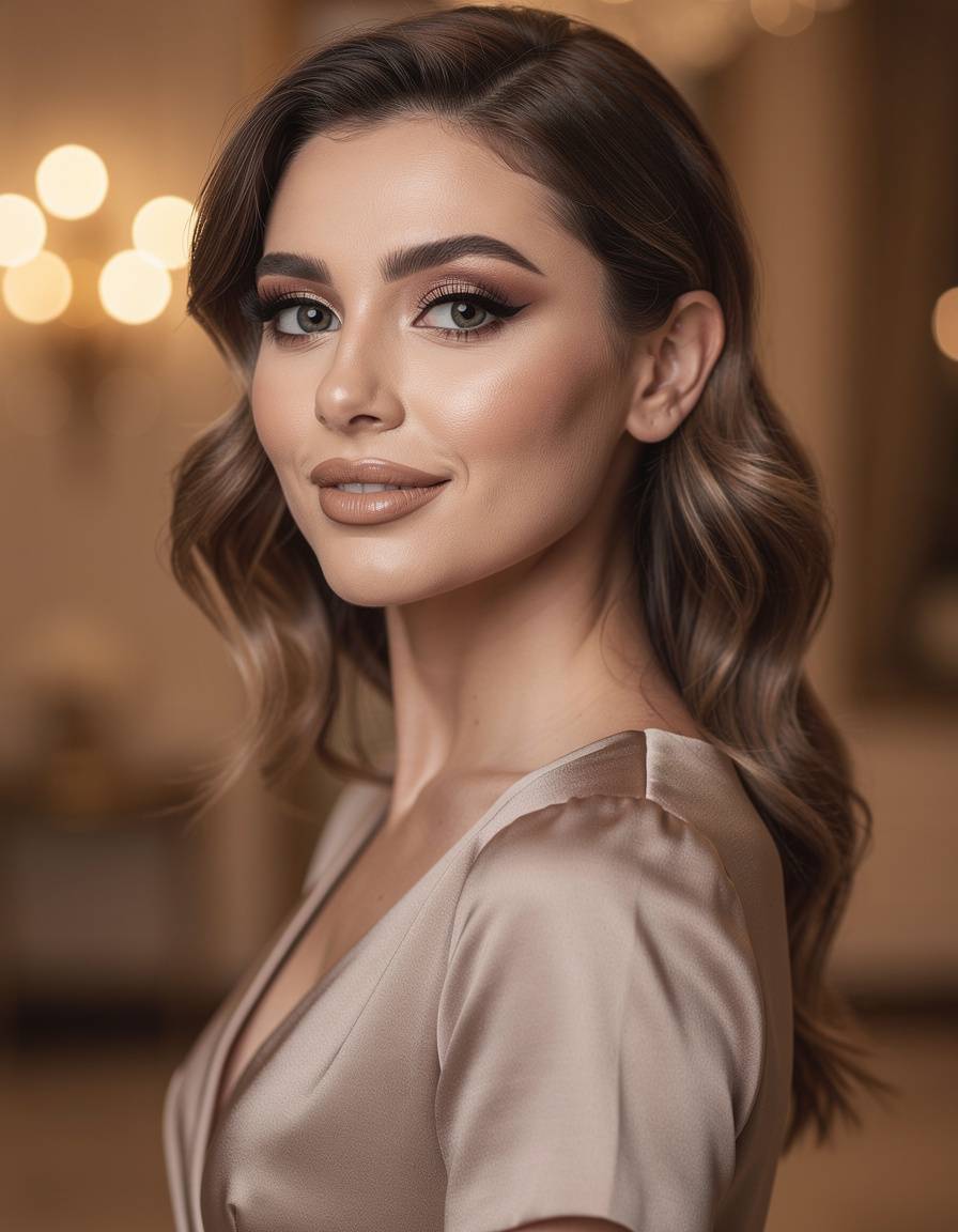Elegant evening natural-makeup portrait of one adult woman with satin skin, soft cocoa eyeshadow, fine tightline eyeliner, fluttery yet realistic lashes, and neutral beige gloss; waist-up composition in a softly lit interior with warm bokeh, face sharply focused, correct anatomy, no text, logos, watermark, or duplicated objects.