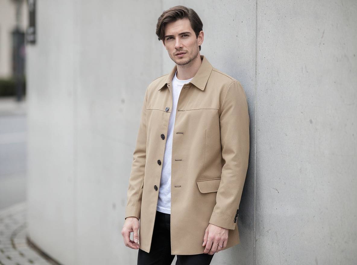 Replace only the adult model’s denim jacket with a tailored camel trench coat while preserving the exact person, identity, face, hair, body, pose, hands, shirt, trousers, concrete wall, camera angle, composition, lighting, shadows, and every unselected element; no text, logos, or watermark.