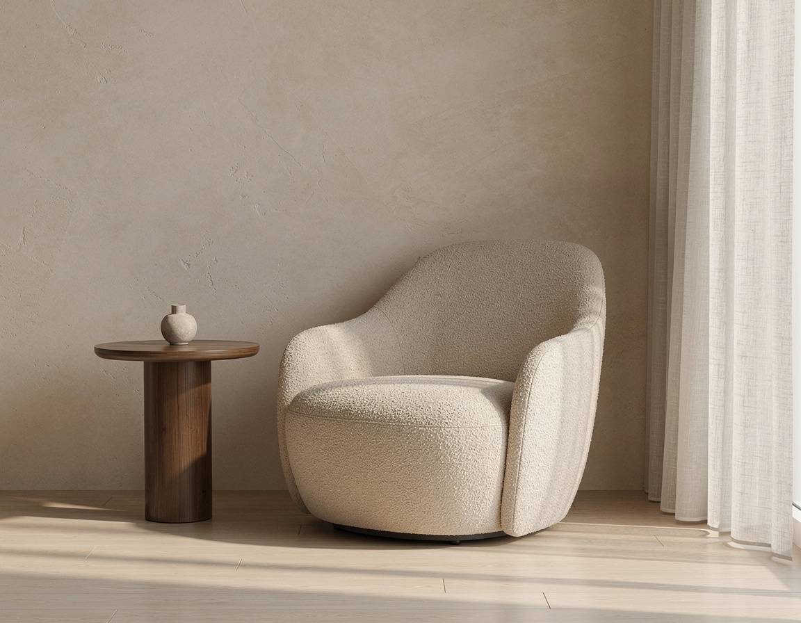 Landscape editorial interior photograph of a bright modern reading corner with one sculptural beige boucle armchair beside a walnut side table, pale plaster wall, linen curtain, soft morning daylight, realistic materials and shadows, clean floor, no people, no text, logos, or watermark.