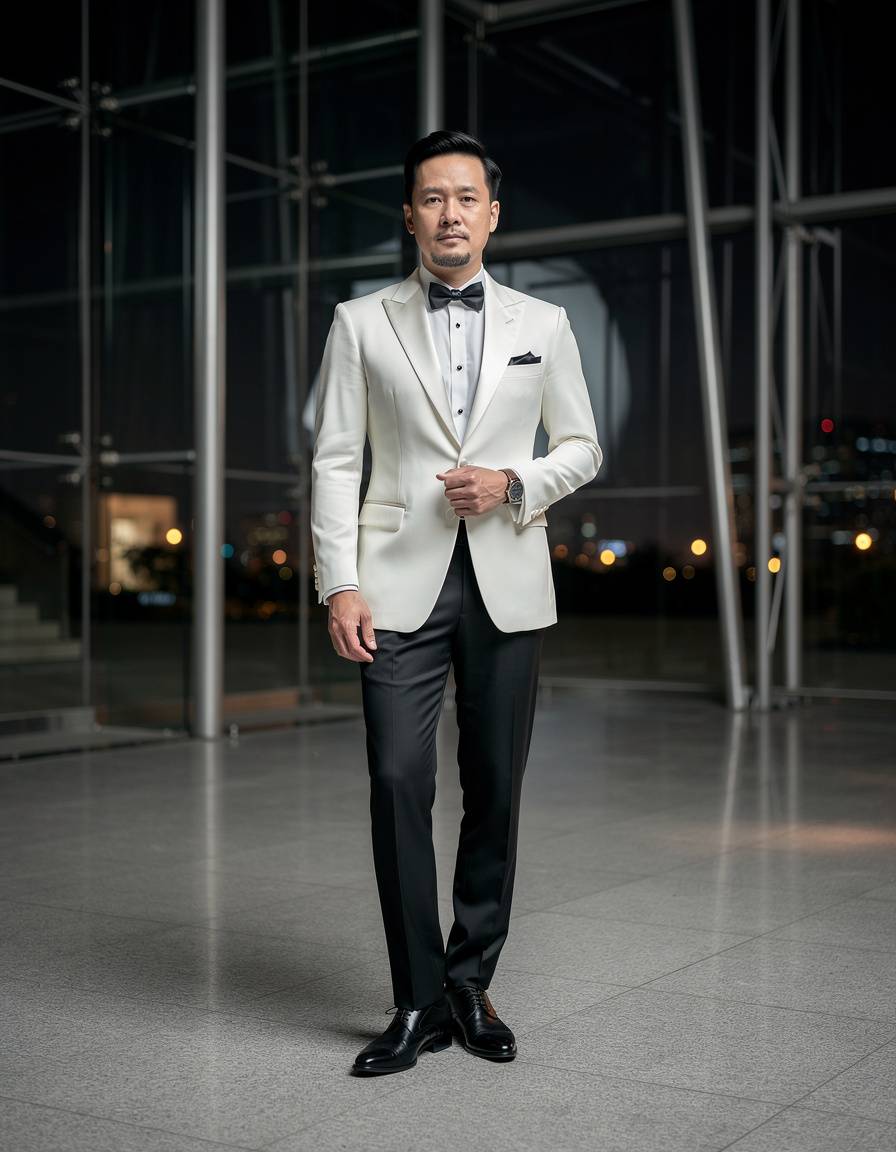 Full-length editorial eveningwear portrait of one adult East Asian man in an ivory dinner jacket, black tailored trousers, and a plain black bow tie, standing in a modern glass atrium at night, composed posture, realistic face and hands, clean architectural reflections, sophisticated flash photography, no logos, event branding, text, watermark, crowd, or celebrity likeness.