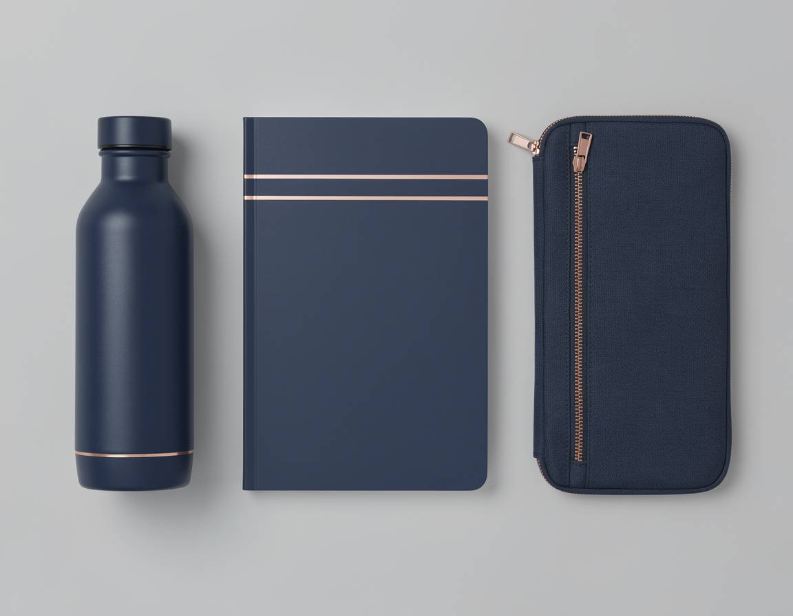Photorealistic overhead campaign photograph of one unbranded reusable bottle, one notebook, and one zip pouch arranged as a coordinated set, consistent midnight-blue surfaces with thin copper accent lines, precise object geometry, soft studio lighting, light gray background, blank surfaces, no text, no logo, no watermark, no hands.