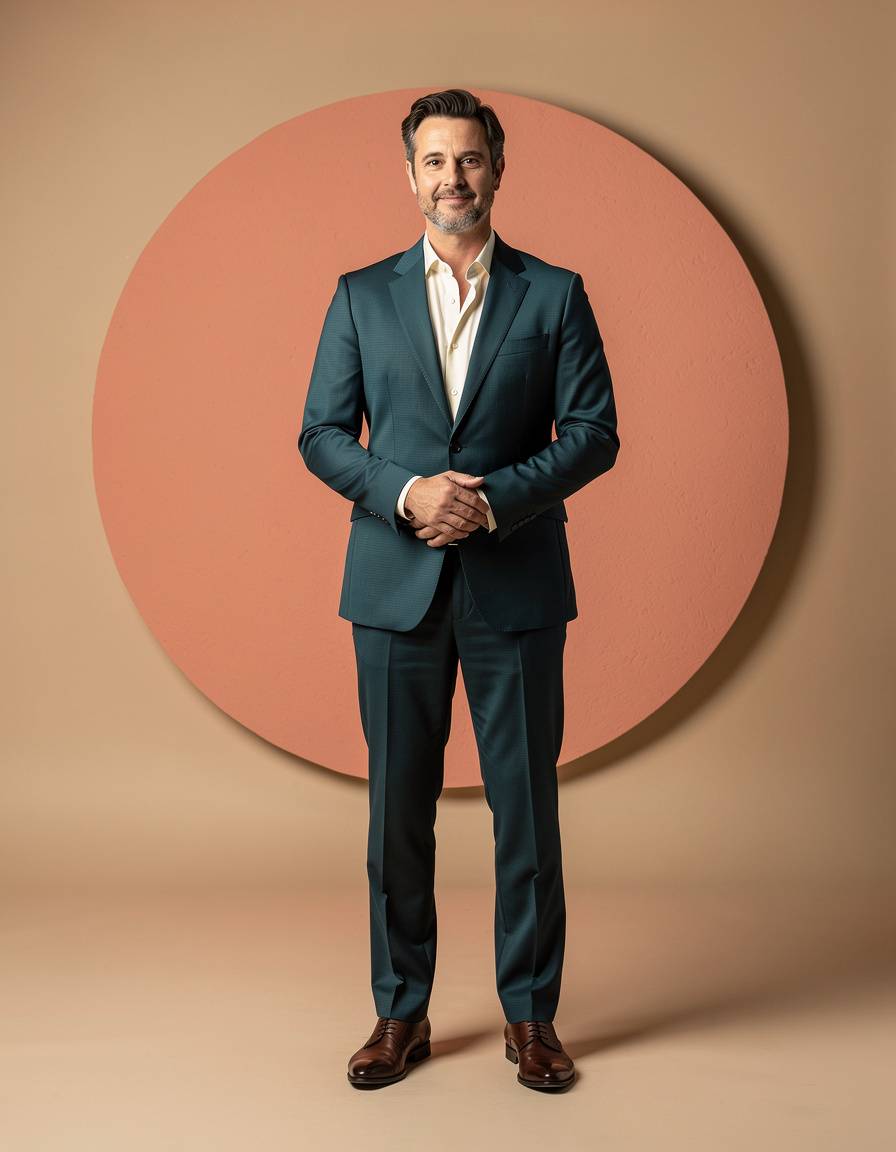 Photorealistic full-body editorial portrait of one adult brand spokesperson in a tailored deep-teal suit and cream shirt, centered against a warm beige studio backdrop with one coral circle prop, soft directional light, realistic anatomy and skin texture, clean composition, no text, no logo, no watermark.