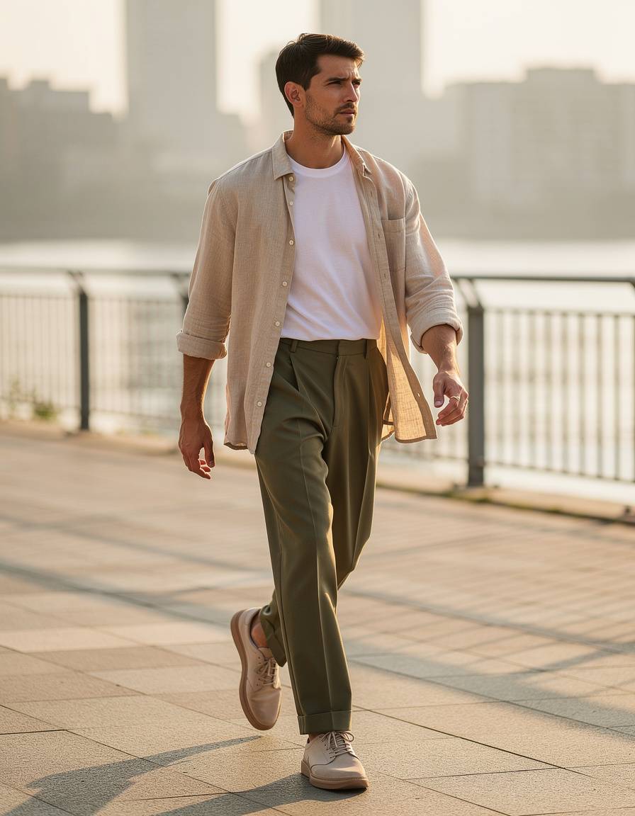 Photorealistic full-body editorial street-style photograph of one adult man on a sunlit riverside promenade, wearing an unbranded sand linen overshirt, white crew-neck shirt, olive pleated trousers, and plain low-top shoes, relaxed walking pose, gentle summer light, simple city skyline kept soft, realistic anatomy, no readable text, no logo, no watermark.
