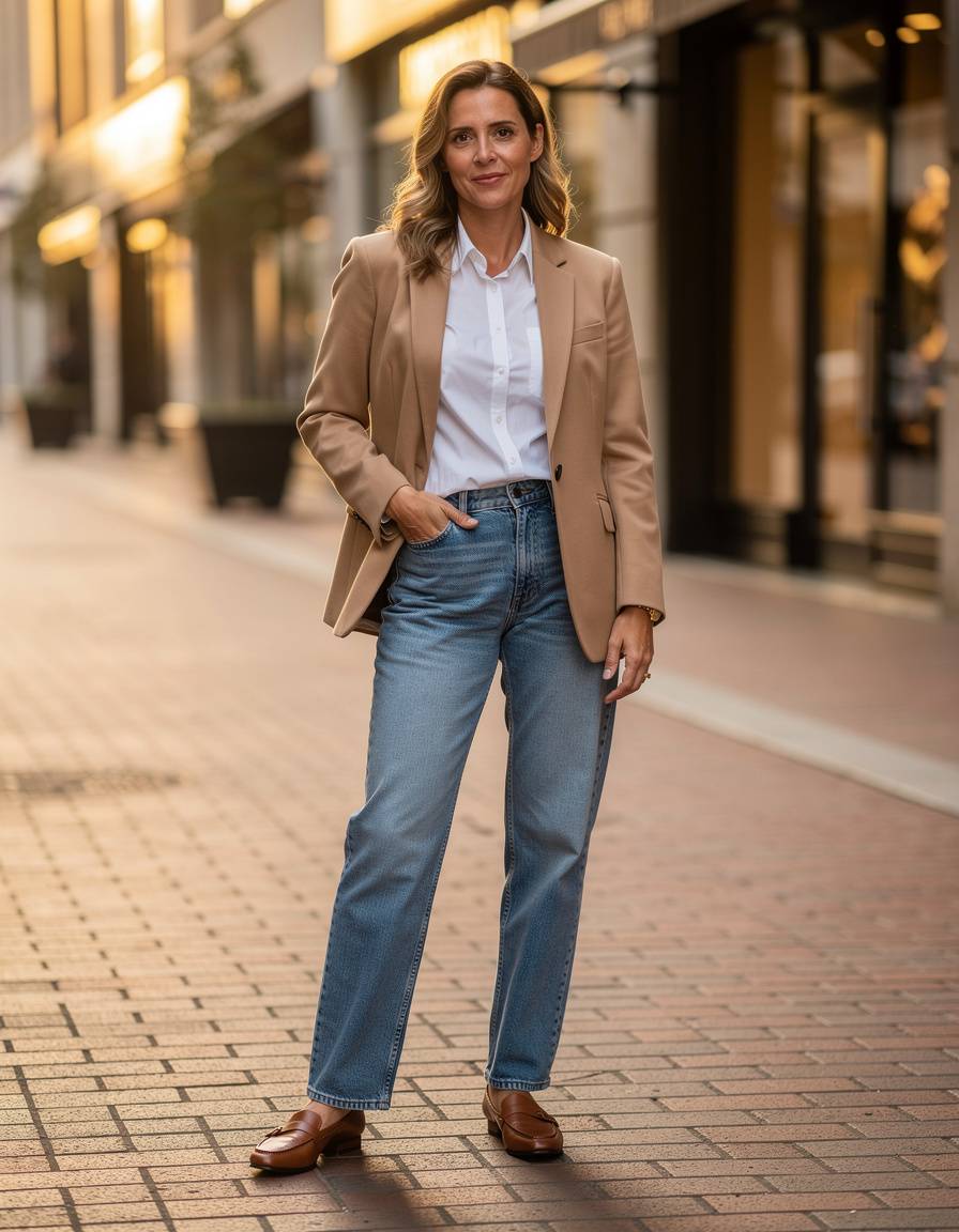 Photorealistic full-body editorial street-style photograph of one adult woman on a quiet brick pedestrian lane, wearing a camel blazer over a white shirt, relaxed straight-leg denim, and plain loafers, candid standing pose with one hand in a pocket, warm late-afternoon light, refined urban background, realistic anatomy, no readable text, no logo, no watermark.