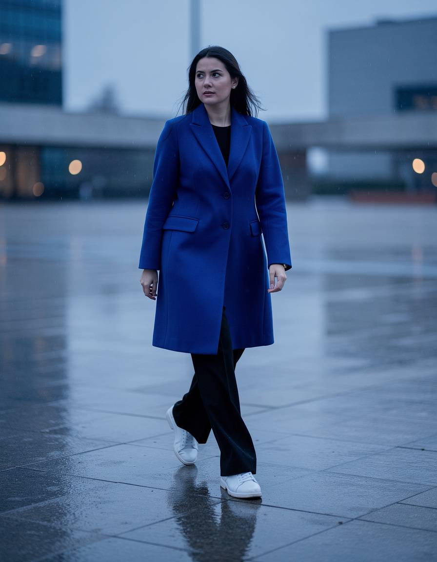 Photorealistic full-body editorial street-style photograph of one adult woman walking through a rain-washed city plaza, wearing a plain cobalt single-breasted wool coat with smooth continuous sleeves and simple unmarked buttons, black wide-leg trousers, and plain white leather sneakers, natural mid-step pose, both hands fully visible and separated, subtle pavement reflections, cool blue-hour light, clean uncluttered background, realistic anatomy. Keep all coat panels, sleeve cuffs, shoes, and background surfaces completely blank. Include no letters, words, numbers, symbols, patches, labels, graphics, tags, emblems, brand marks, logos, or watermarks.