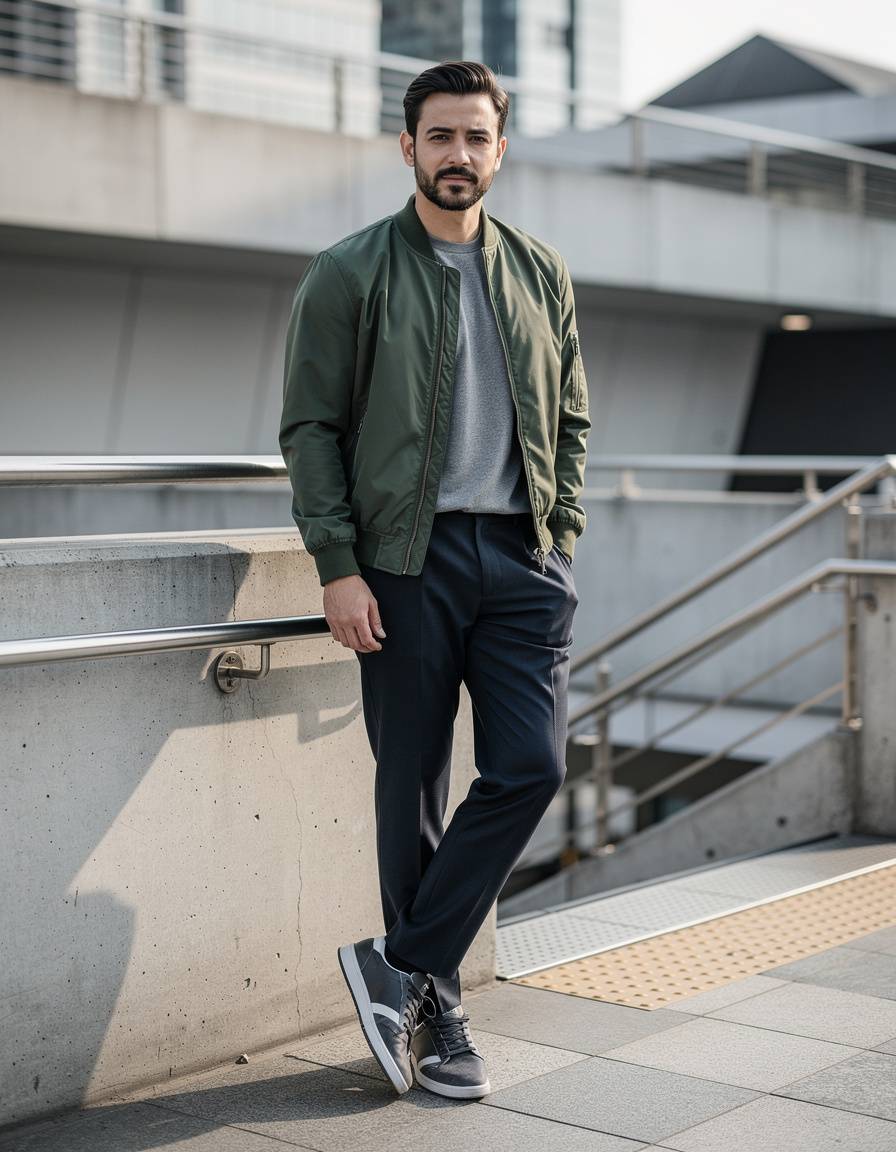 Photorealistic full-body editorial street-style photograph of one adult man beside a concrete transit entrance, wearing a forest-green bomber jacket, dark tapered trousers, a simple gray shirt, and monochrome trainers, composed off-center pose, crisp morning light, modern architectural lines, realistic anatomy and clothing folds, no readable text, no logo, no watermark.