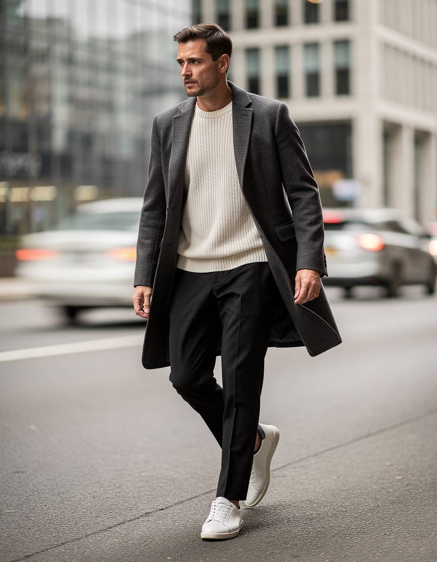 Photorealistic full-body editorial street-style photograph of one adult man crossing a clean modern city street, wearing a charcoal wool overcoat, cream knit sweater, tailored black trousers, and plain leather sneakers, confident natural walking pose, soft overcast daylight, shallow background motion, realistic anatomy, clear outfit silhouette, no readable text, no logo, no watermark.