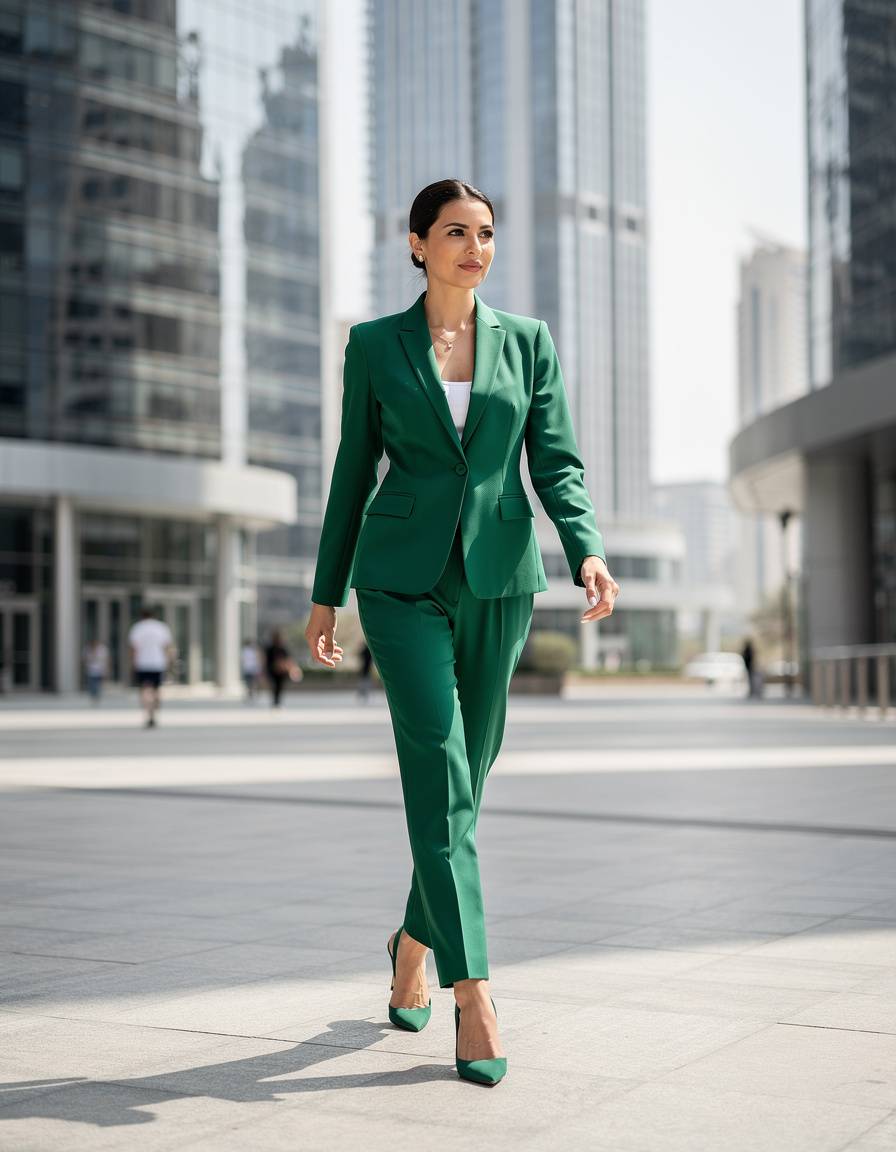 Photorealistic full-body editorial fashion photograph of one adult woman in a structured emerald pantsuit walking through a polished contemporary business district in Dubai, confident natural mid-step pose, balanced midday light, clean geometric background, realistic anatomy and clothing folds, no readable text, no logo, no watermark.