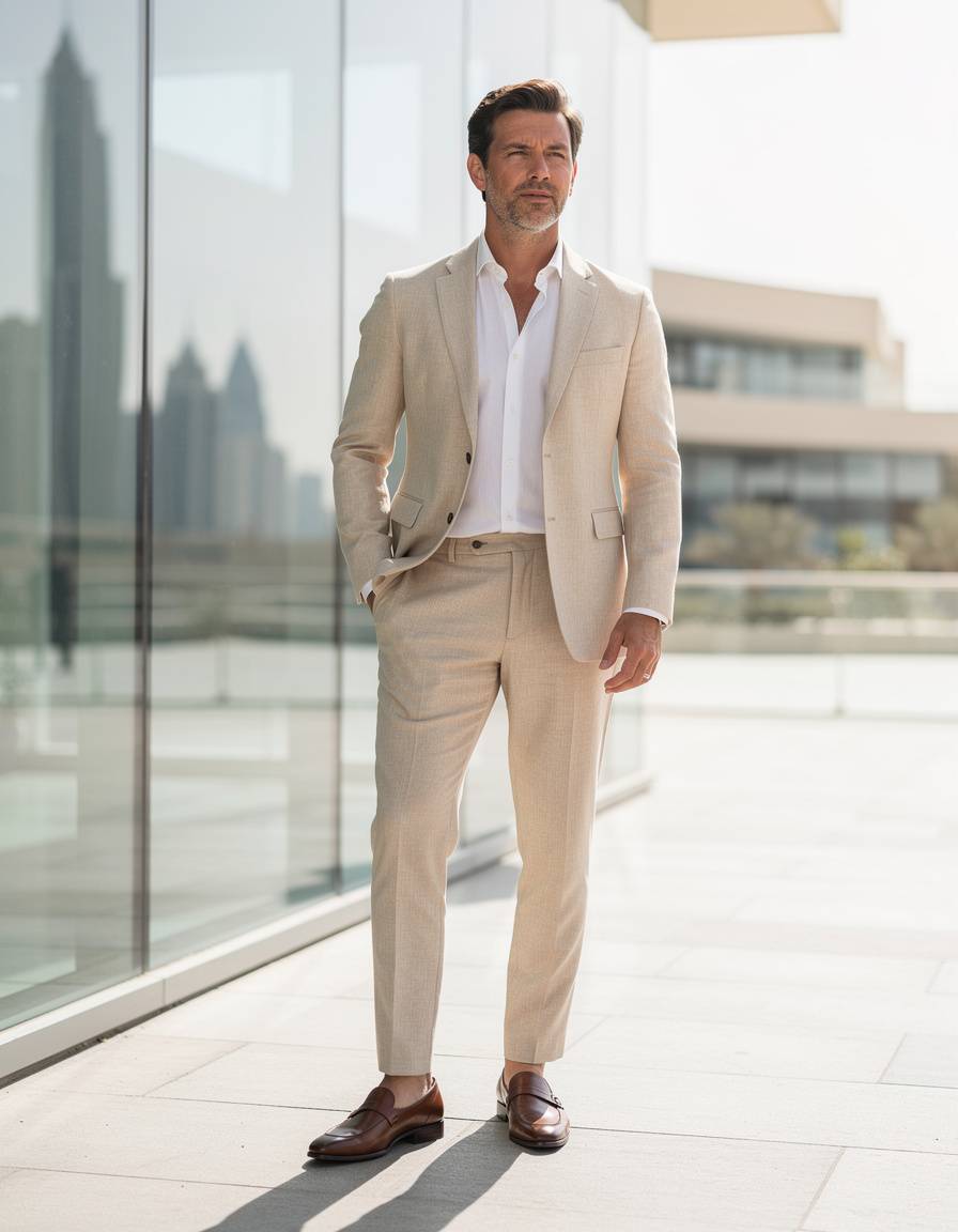 Photorealistic full-body editorial fashion photograph of one adult man in a tailored sand linen suit and open-collar white shirt beside a minimalist glass facade in Dubai, elegant relaxed pose, bright morning light, modern architecture, realistic anatomy and fabric detail, no readable text, no logo, no watermark.