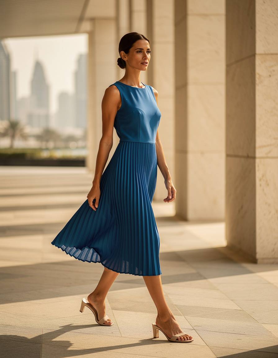 Photorealistic full-body editorial fashion photograph of one adult woman in a cobalt pleated midi dress and simple neutral heels beside a modern shaded colonnade in Dubai, gentle late-afternoon light, natural walking pose, clear silhouette, realistic anatomy and fabric movement, no readable text, no logo, no watermark.