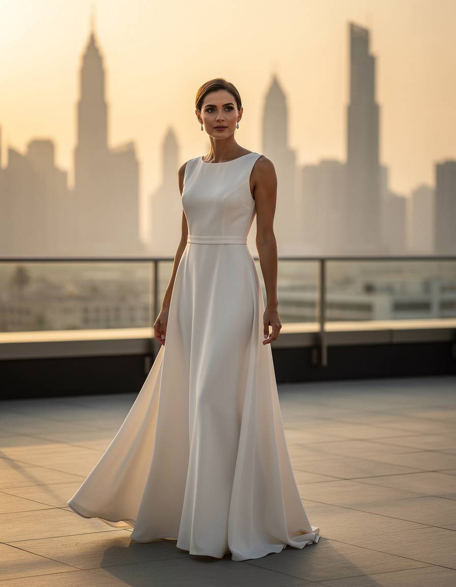 Photorealistic full-body editorial fashion photograph of one adult woman in a flowing ivory evening dress on a clean modern rooftop terrace in Dubai, refined modest neckline, warm sunset light, soft contemporary skyline without identifiable landmarks, natural standing pose, realistic anatomy, clear garment silhouette, no readable text, no logo, no watermark.