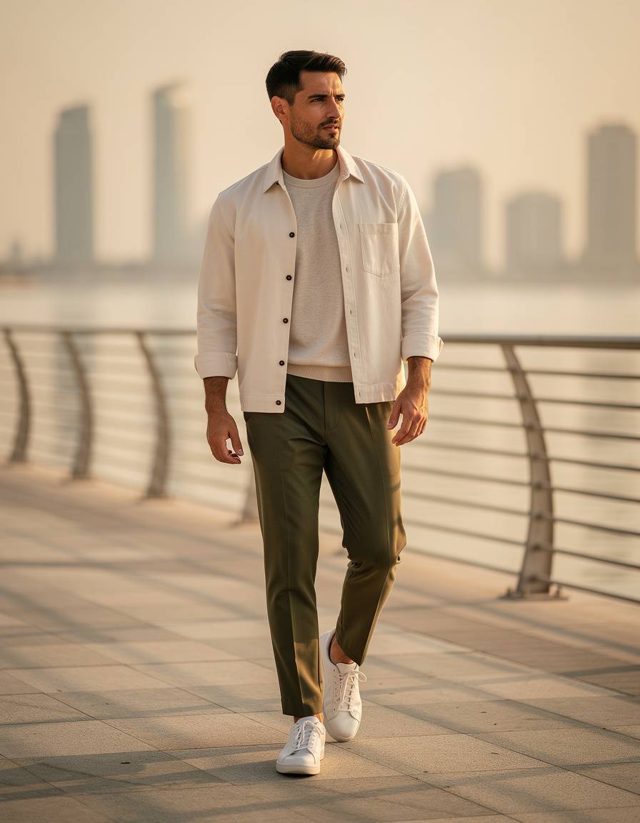Photorealistic full-body editorial fashion photograph of one adult man in a cream overshirt, fine knit shirt, and olive tailored trousers on a quiet modern waterfront promenade in Dubai, soft sunrise light, relaxed candid pose, subtle skyline kept out of focus, realistic anatomy, no readable text, no logo, no watermark.