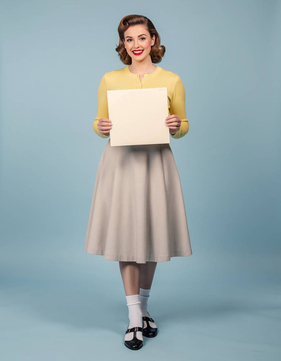 Full-length editorial studio photograph of one adult woman in a yellow cardigan, high-waisted circle skirt, white ankle socks, and saddle shoes, holding a solid cream vinyl record sleeve with a completely blank surface, seamless pastel blue backdrop, bright soft lighting, authentic 1950s fashion, realistic hands and proportions, no shelves, posters, printed objects, marks, text, or logos.