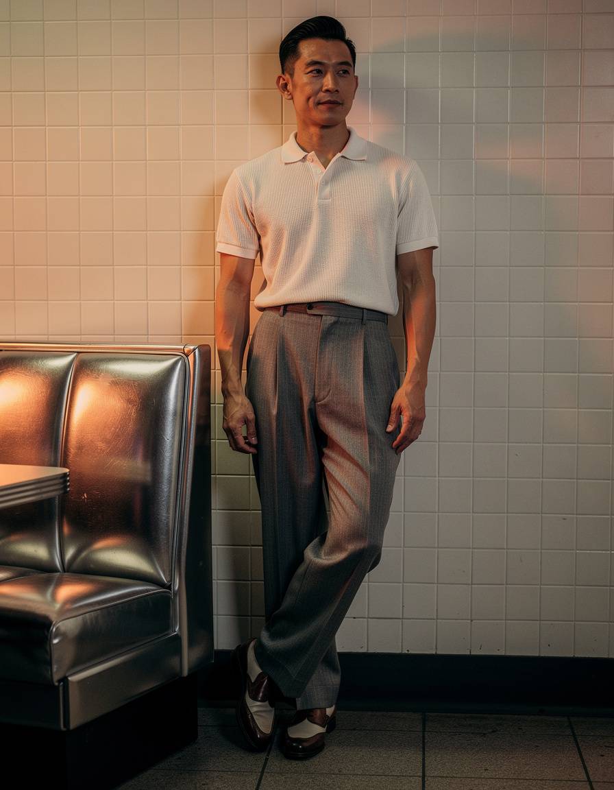 Full-length editorial photograph of one adult East Asian man wearing pleated trousers, a short-sleeve knit polo, and two-tone shoes, standing beside a chrome diner booth against a plain tiled wall, rich evening lighting, authentic 1950s fashion, realistic anatomy and hands, no jukebox, signs, menus, labels, letters, numbers, or logos.