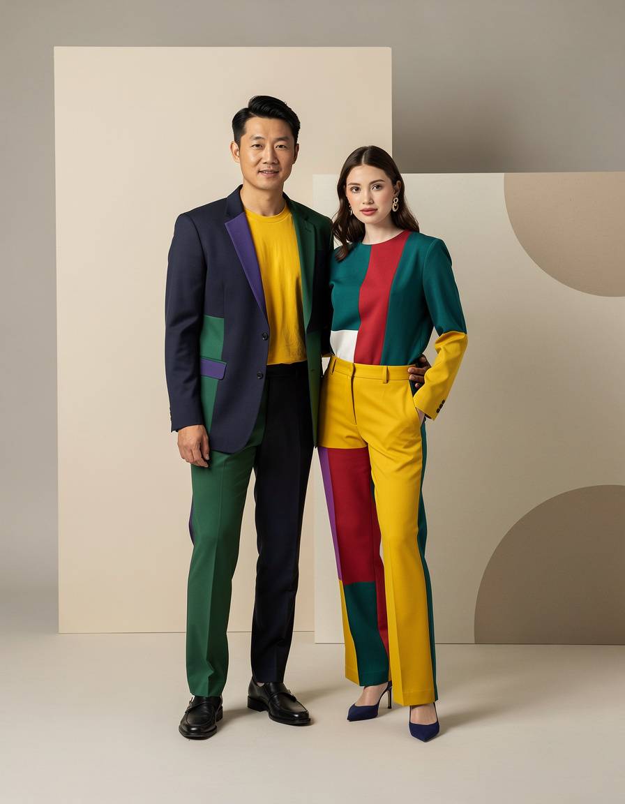 Creative studio editorial photograph of an adult East Asian man and an adult White woman posing together in complementary color-block fashion, simple geometric backdrop, crisp balanced lighting, strong shared focal point, realistic anatomy and hands, no text, logos, or watermarks.