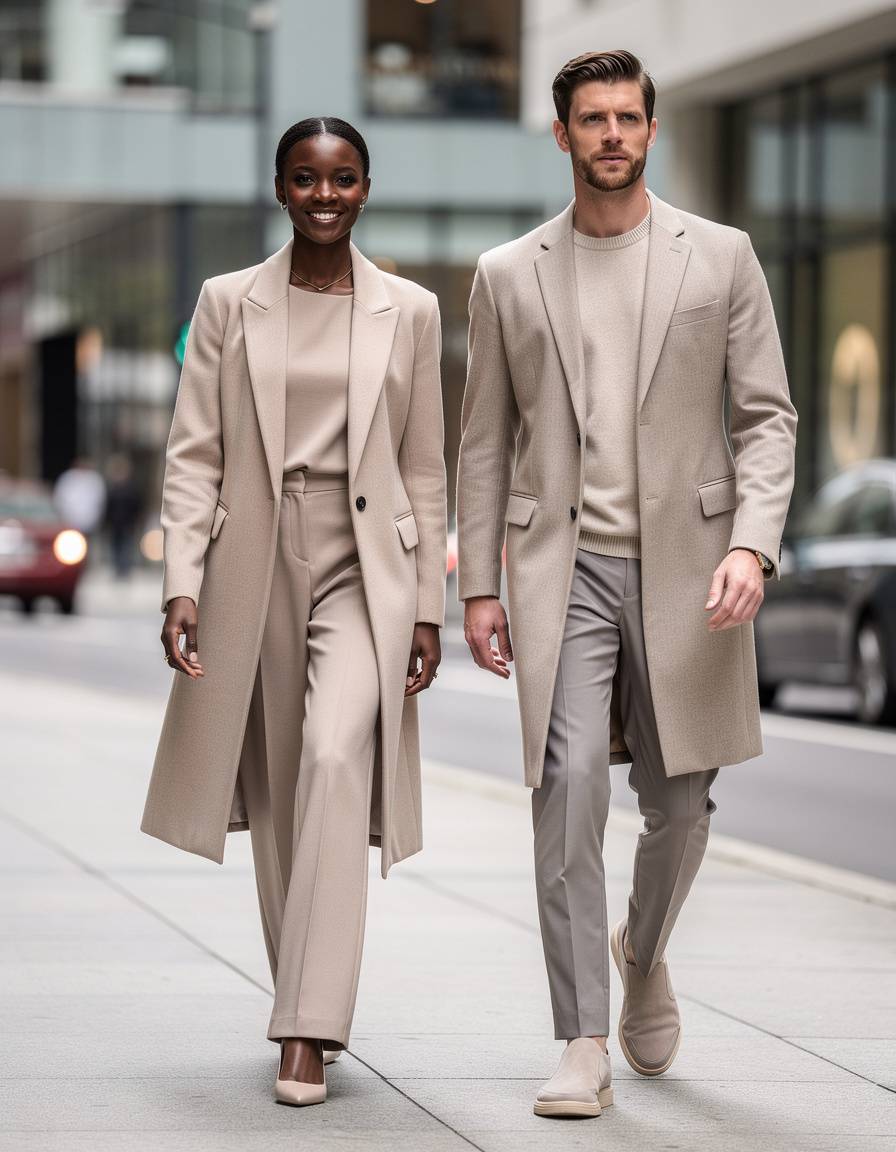 Full-length editorial photograph of an adult Black woman and an adult White man walking together on a modern city street, coordinated neutral fashion, relaxed confident expressions, balanced daylight exposure for both skin tones, realistic anatomy and hands, no text, logos, or watermarks.