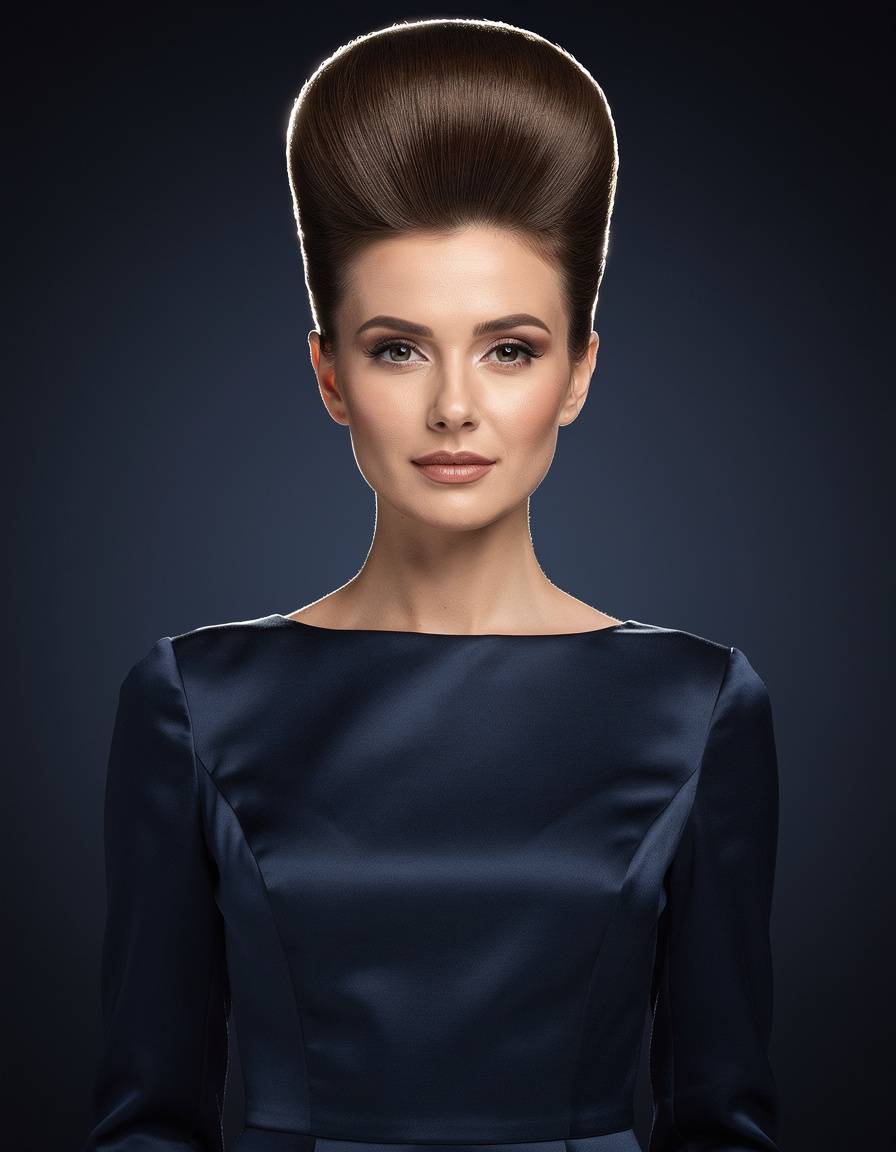 Vertical formal beauty portrait of an adult woman with an elegant high beehive updo, pearl-free satin evening gown, deep navy backdrop, controlled rim lighting, accurate hairline and anatomy, refined focal point, no text, logos, jewelry marks, or watermarks.