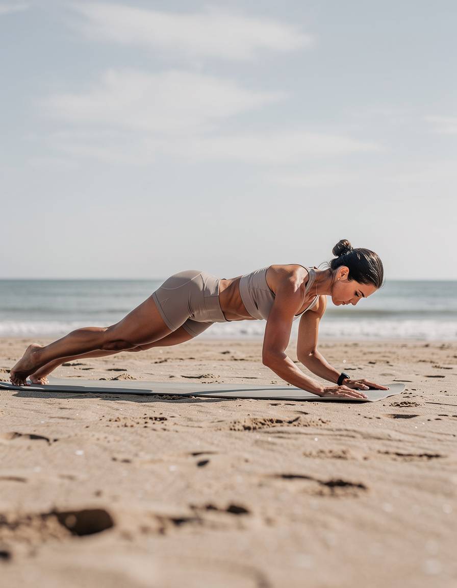 Side-view editorial beach fitness photograph of one adult athlete holding a true forearm plank on a plain exercise mat. Both forearms lie flat and parallel on the mat, elbows directly below shoulders, hands relaxed and separate, body straight from head through heels, toes on the mat. Modest unbranded activewear, realistic anatomy, open sand and ocean background, no text, no logos, no watermark.