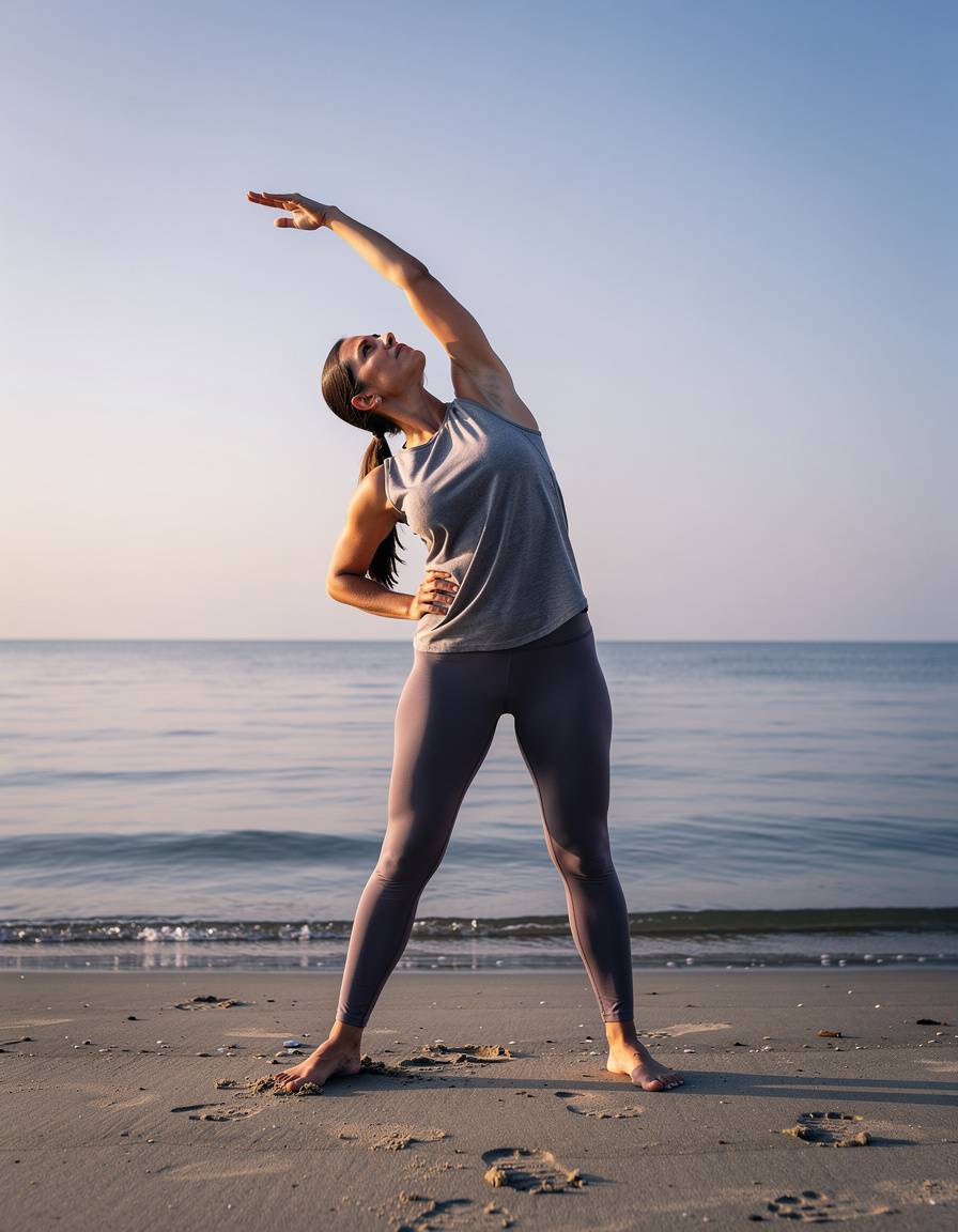 Professional beach fitness recovery photograph of one adult athlete doing a simple standing side stretch beside calm water. Both bare feet stay flat and hip-width apart. The left hand rests on the left hip. The right arm reaches overhead while the torso bends gently to the left. Modest plain activewear without branding, realistic anatomy, clear full-body silhouette, cool early-morning light, clean horizon, no text, no logos, no watermark.