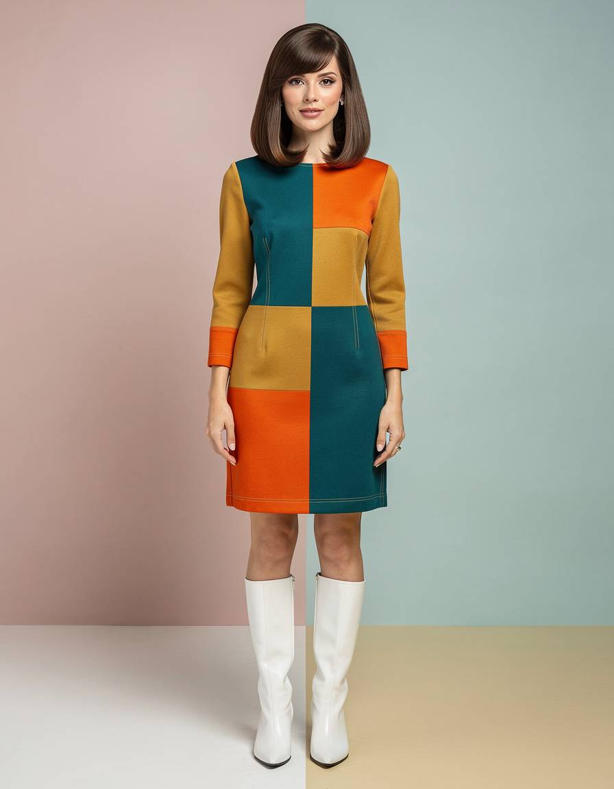 Studio editorial portrait of one adult woman in a 1960s-inspired geometric shift dress and white boots, clean color-block backdrop, crisp beauty lighting, balanced centered pose, realistic hair, face, hands, and clothing. No readable text, symbols, brands, logos, or watermarks.
