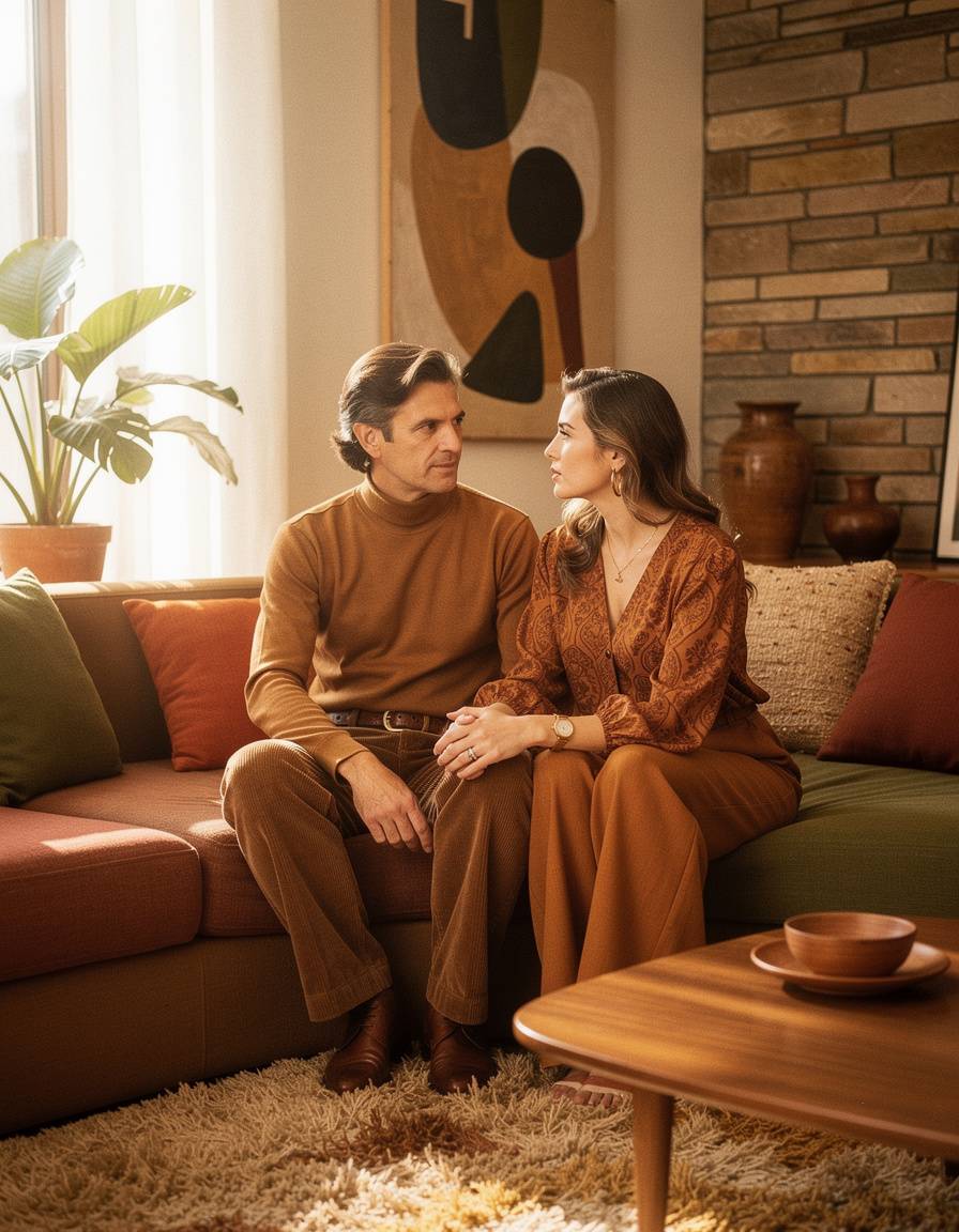 Environmental editorial portrait of one adult couple in coordinated 1970s-inspired earth-tone fashion inside a sunlit conversation-pit living room, warm film grain, relaxed natural pose, realistic faces, hands, furniture, and textiles. No readable text, brands, logos, or watermarks.