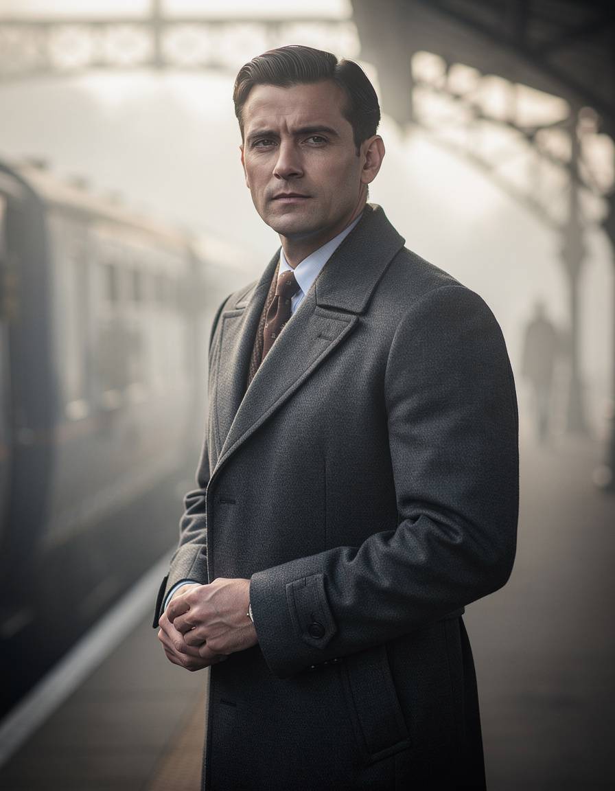 Three-quarter editorial portrait of one adult man in a tailored 1940s-inspired wool overcoat beside a steam-era railway platform, soft morning fog, restrained color palette, cinematic natural light, realistic face and hands. Keep all signs blank. No readable text, brands, logos, or watermarks.