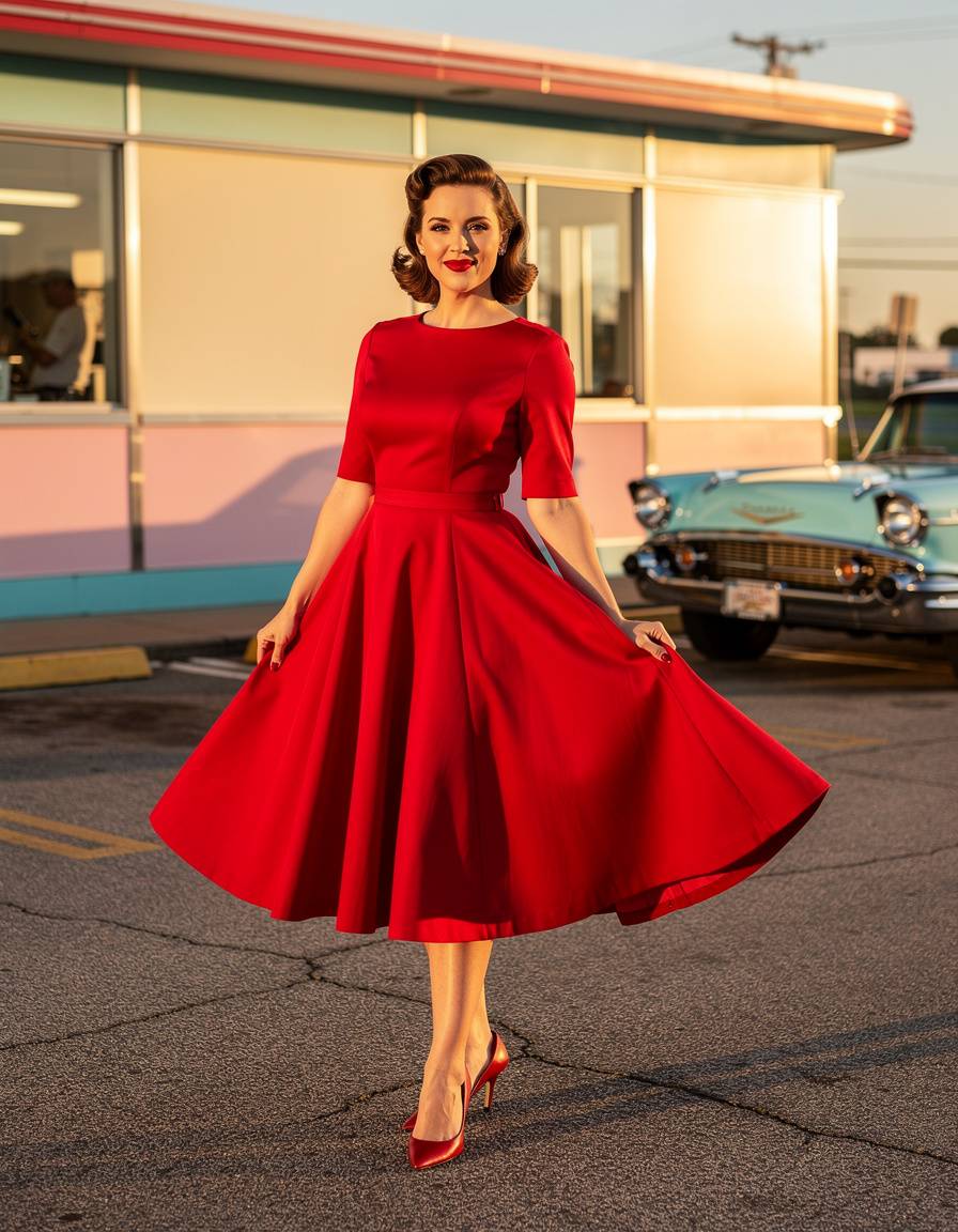 Vertical full-body editorial portrait of one adult woman in a 1950s-inspired red circle dress outside a pastel roadside diner. Show her complete head-to-toe figure and both shoes, with no foreground object or crop blocking her body. Place one classic car far behind her. Use late-afternoon sunlight, realistic anatomy, accurate hands, and detailed fabric. Keep all diner panels blank. No readable text, menu lettering, brands, logos, or watermarks.