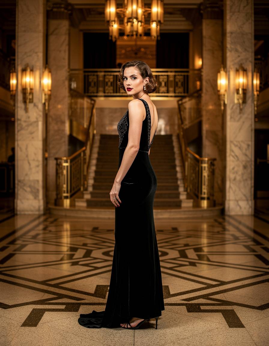 Full-length editorial portrait of one adult woman in a 1920s-inspired black velvet evening dress inside an Art Deco hotel lobby, warm brass lighting, symmetrical composition, authentic period styling, realistic skin and hands. No readable text, letters, numbers, brands, logos, cigarettes, or watermarks.