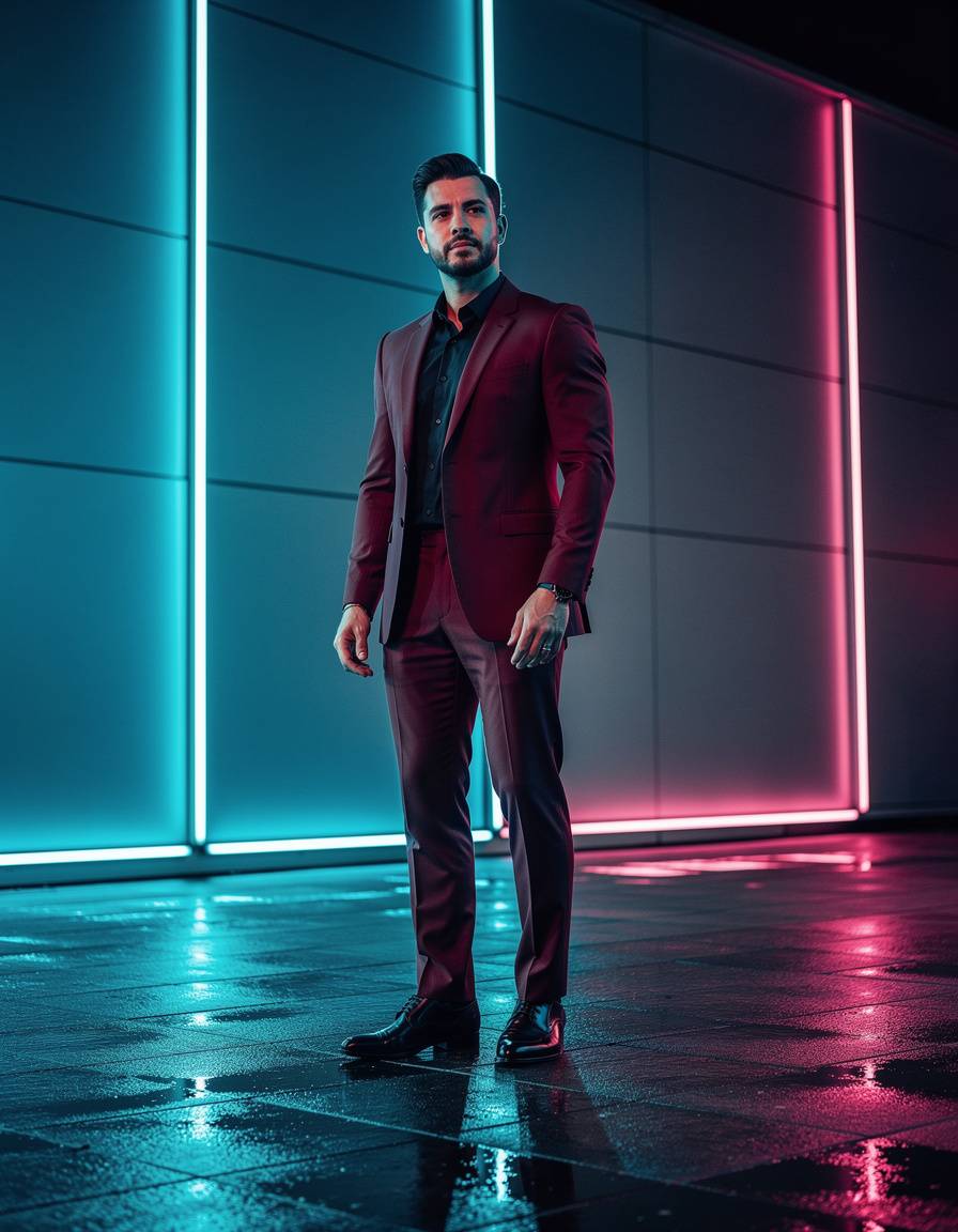 Vertical full-body night editorial portrait of one adult man in a 1980s-inspired burgundy suit on wet pavement beside an abstract cinema entrance. Show his complete head-to-toe figure with both shoes visible. Use simple cyan and magenta light bars, blue and magenta rim light, realistic hands, anatomy, and tailored fabric. The background must contain only plain geometric panels and continuous light bars. Exclude marquees, signs, letters, numbers, glyphs, words, brands, logos, posters, and watermarks.