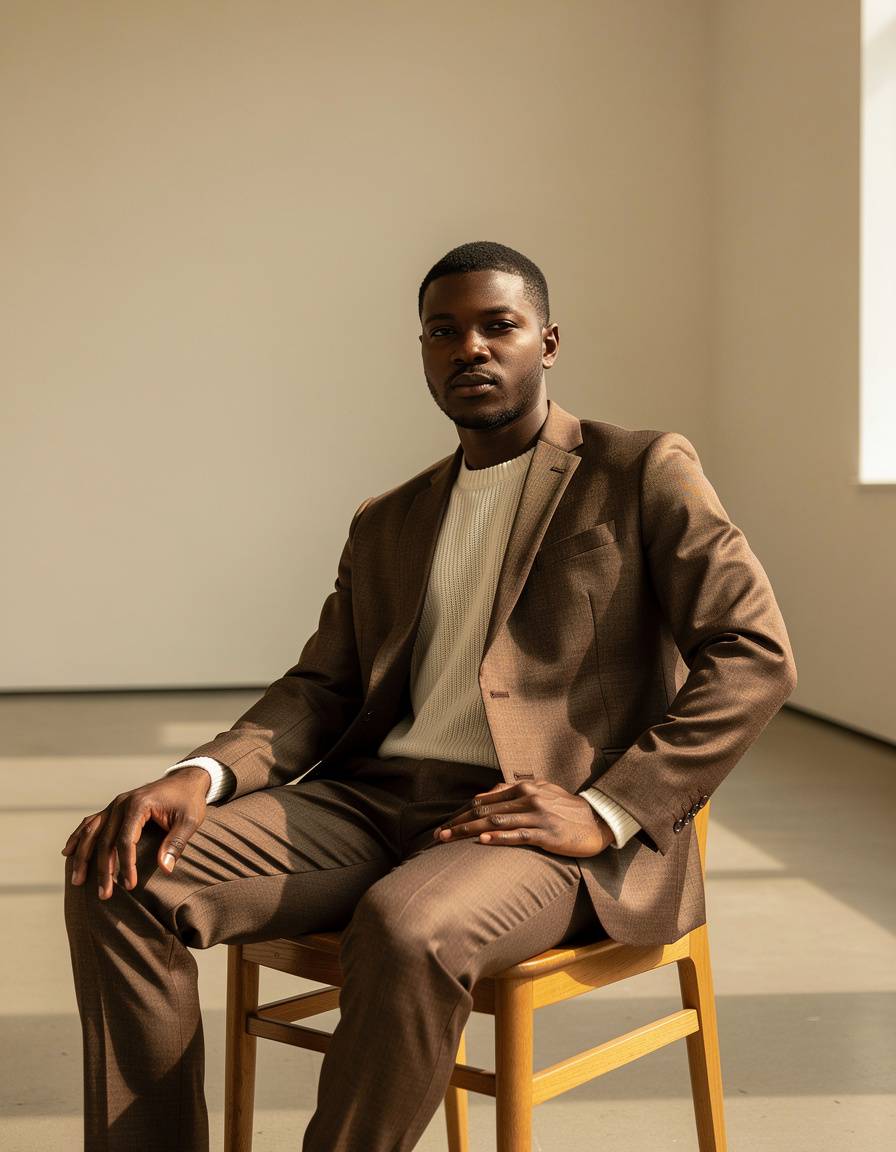Seated editorial fashion photograph of one adult Black male model in a textured chocolate-brown suit and cream fine-gauge knit shirt, sitting on a simple wooden chair in an uncluttered art-gallery room, relaxed natural posture, realistic hands and skin, clear suit fit and fabric detail, warm window light, blank walls without art or labels, no logos, lettering, signs, or watermark