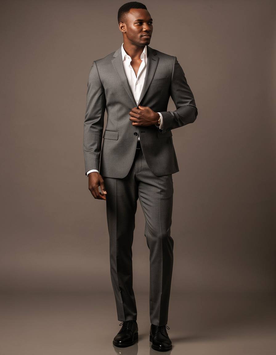Full-length editorial fashion photograph of one adult Black male model in a precise charcoal two-piece suit and white open-collar shirt, standing naturally in a plain warm-gray studio, one hand resting at his side and the other lightly adjusting his jacket, realistic dark skin texture, complete shoes in frame, accurate fingers and tailoring, soft directional light, no logos, lettering, signs, or watermark