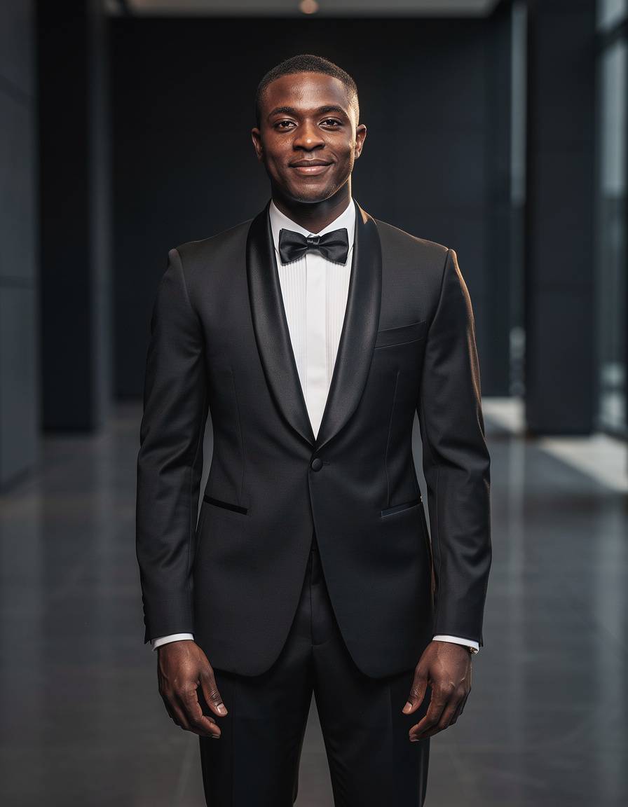 Formal evening fashion portrait of one adult Black male model in a well-fitted black tuxedo with satin lapels and a plain white dress shirt, standing inside a minimal dark architectural hall, elegant but relaxed expression, realistic skin, accurate bow tie and hands, soft cinematic rim light, no event branding, no logos, lettering, signs, or watermark