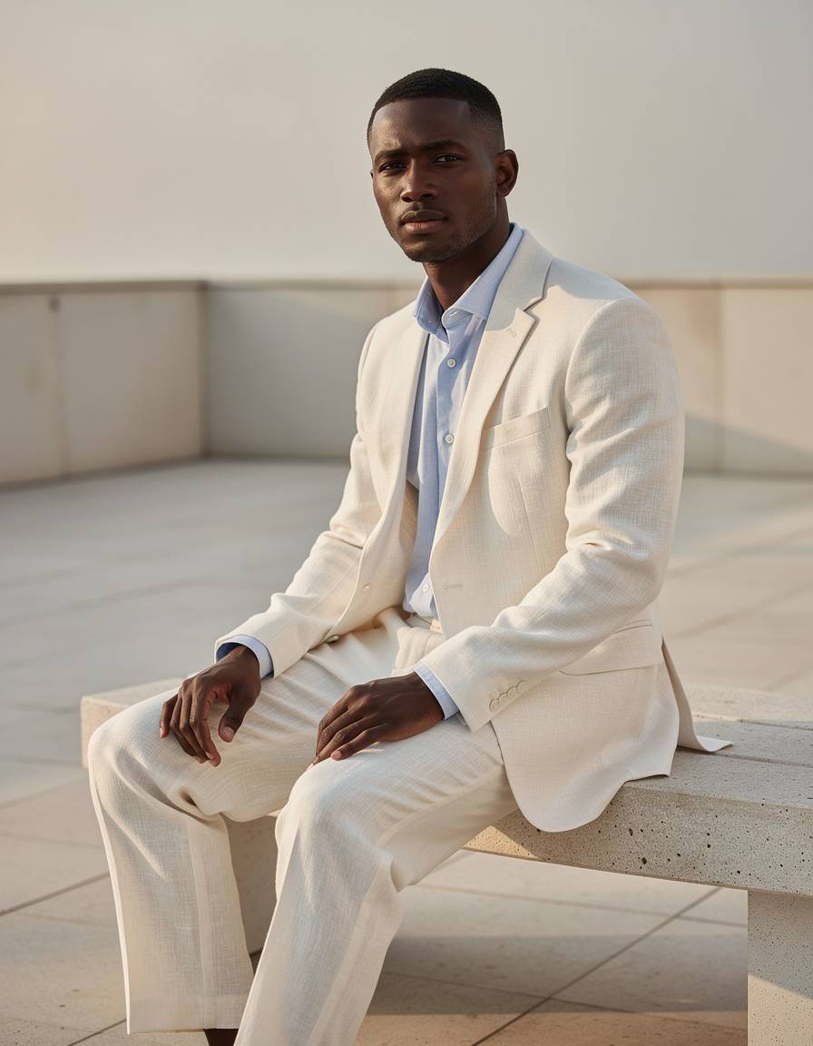Three-quarter fashion portrait of one adult Black male model wearing a relaxed cream linen suit with a pale blue shirt, seated on a simple stone bench on a quiet sunlit terrace, natural composed pose, realistic skin and hands, visible jacket construction and fabric weave, uncluttered neutral architecture, no other people, no logos, lettering, signs, or watermark