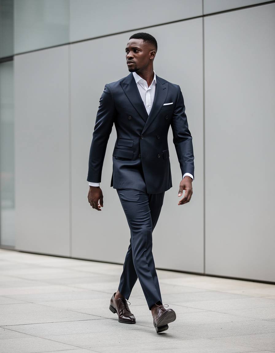 Full-length city fashion photograph of one adult Black male model in a deep navy double-breasted suit and dark brown leather shoes, walking along a clean modern building facade, candid mid-step posture, realistic body proportions and fingers, clear suit silhouette, soft overcast light, empty background without shops or traffic, no logos, lettering, signs, or watermark