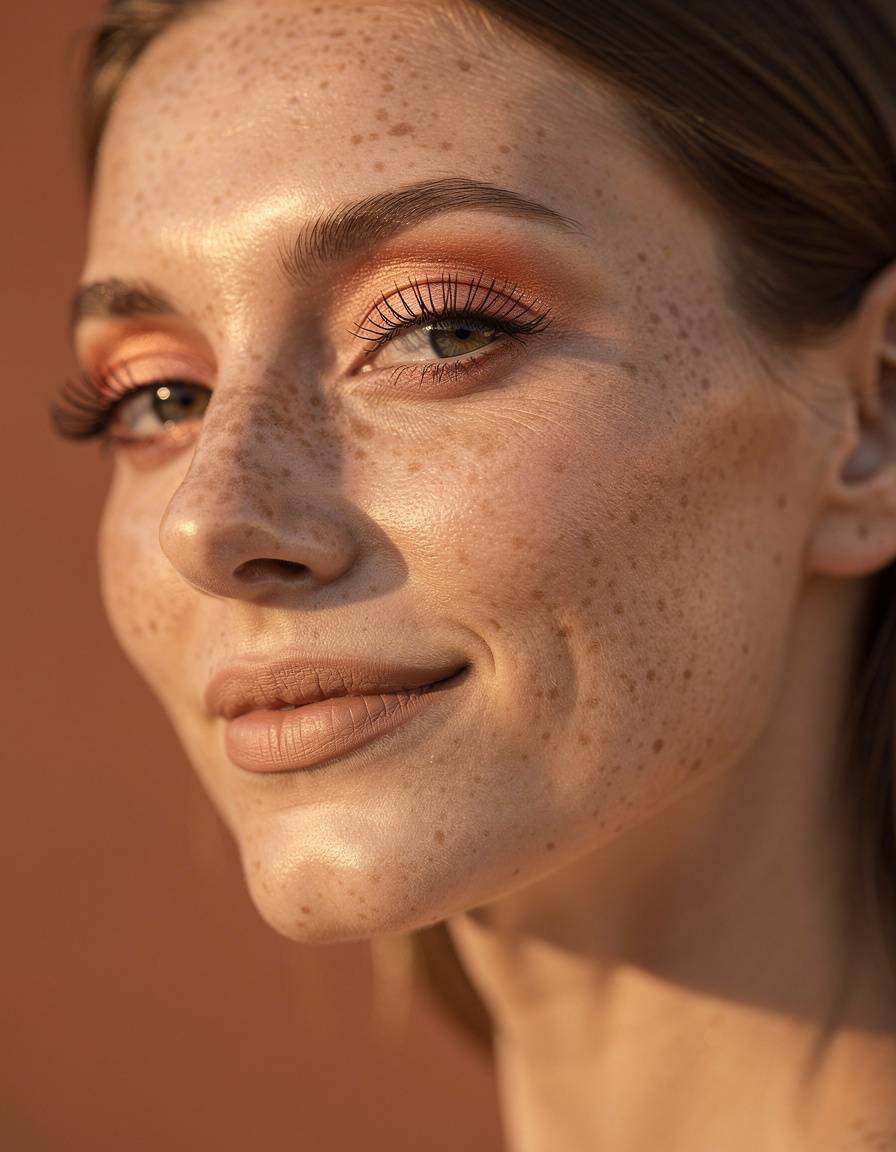 Photorealistic beauty portrait of one adult woman with fair freckled skin, lightweight complexion makeup, muted peach eyelids, and fine tapered lashes; shoulder-up crop in warm late-afternoon side light, plain terracotta background, realistic pores and facial proportions, no text, labels, logos, or watermark.